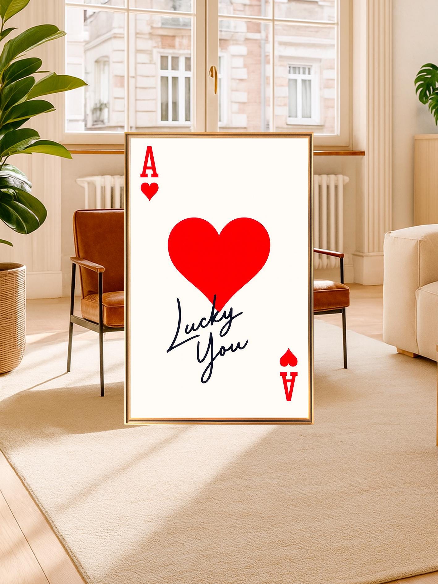 Poster Ace of Hearts, “Lucky You” text, Modern Minimalist Home Decor, Playing Card Art, Love Wall Decor, Anniversary Gift