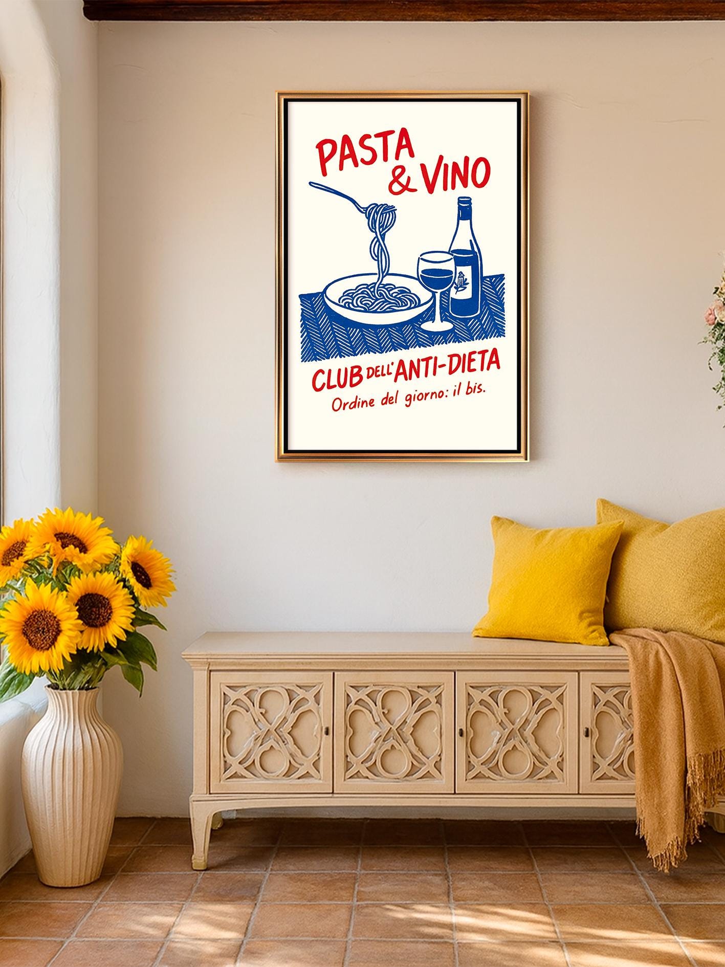 Italian Kitchen Poster With Pasta and Wine – Retro Kitchen Wall Art, Dining Room Decoration, Spaghetti Plate Illustration, Wine Bottle Print