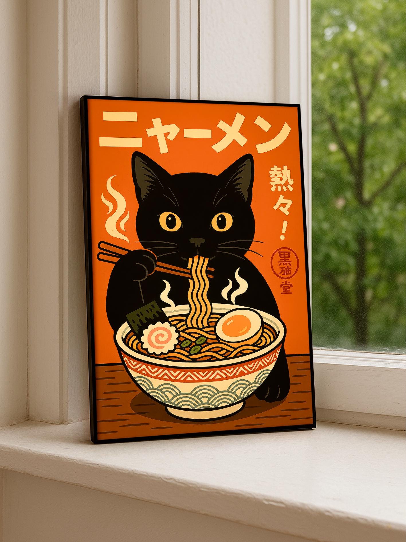 Black Cat Eating Noodles Poster, Anime Art with Black Cat, Japanese Wall Decor, Gift for Cat Lovers