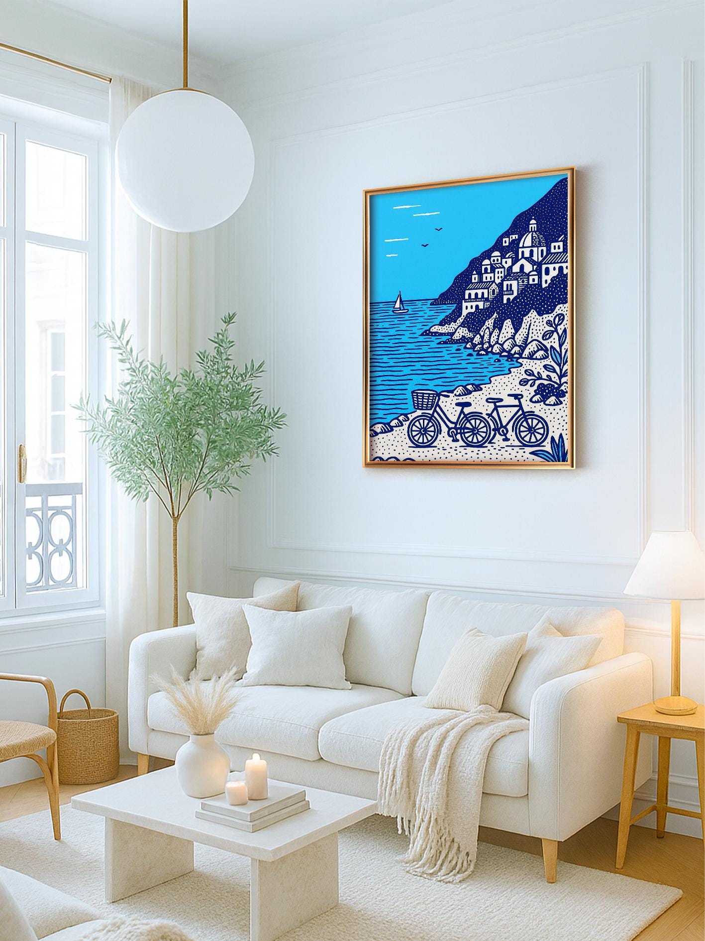 Amalfi Coast Print Positano Poster, Mediterranean Wall Art, Italy Travel Poster, Blue and White Illustration with Bicycles, Beach Deco