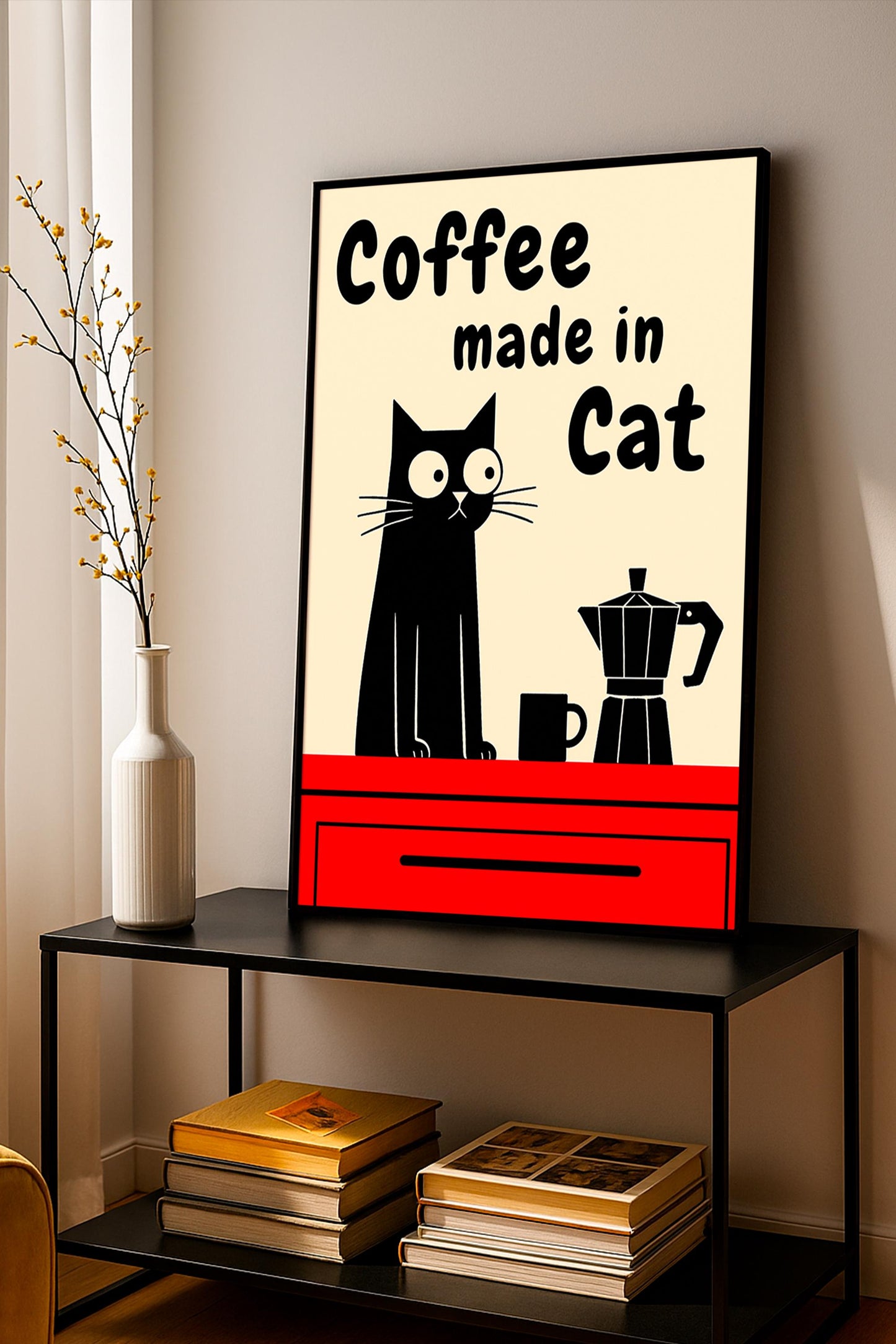 Black Cat Coffee Poster with Moka Pot – Retro Kitchen Wall Art, Vintage Coffee Cat Print