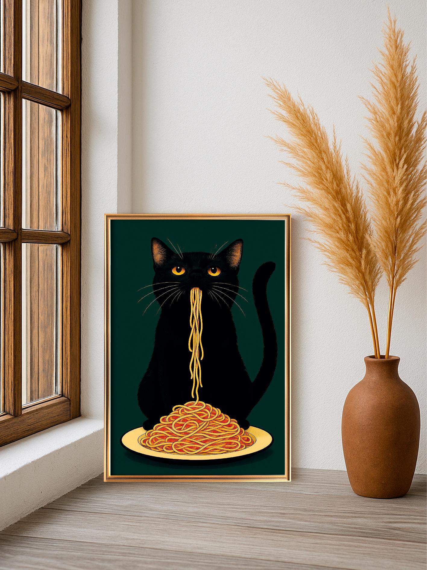 Black Cat Eating Spaghetti Poster, Humorous Print of a Hungry Cat, Black Cat Italian Pasta Illustration, Retro-Style Gothic Wall Art