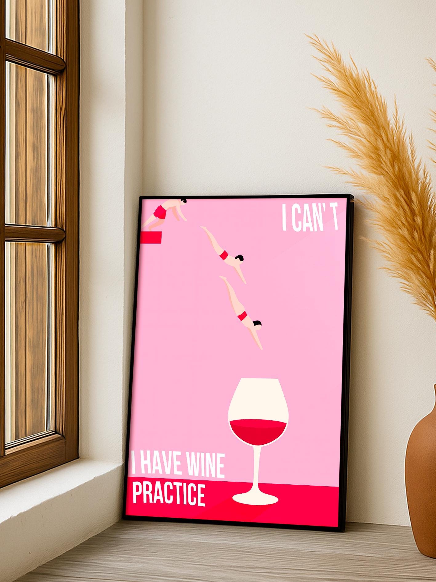 I Have Wine Practice poster, funny wine print, diver in wine glass art, pink minimalist wall art, retro bar decor, kitchen wine poster