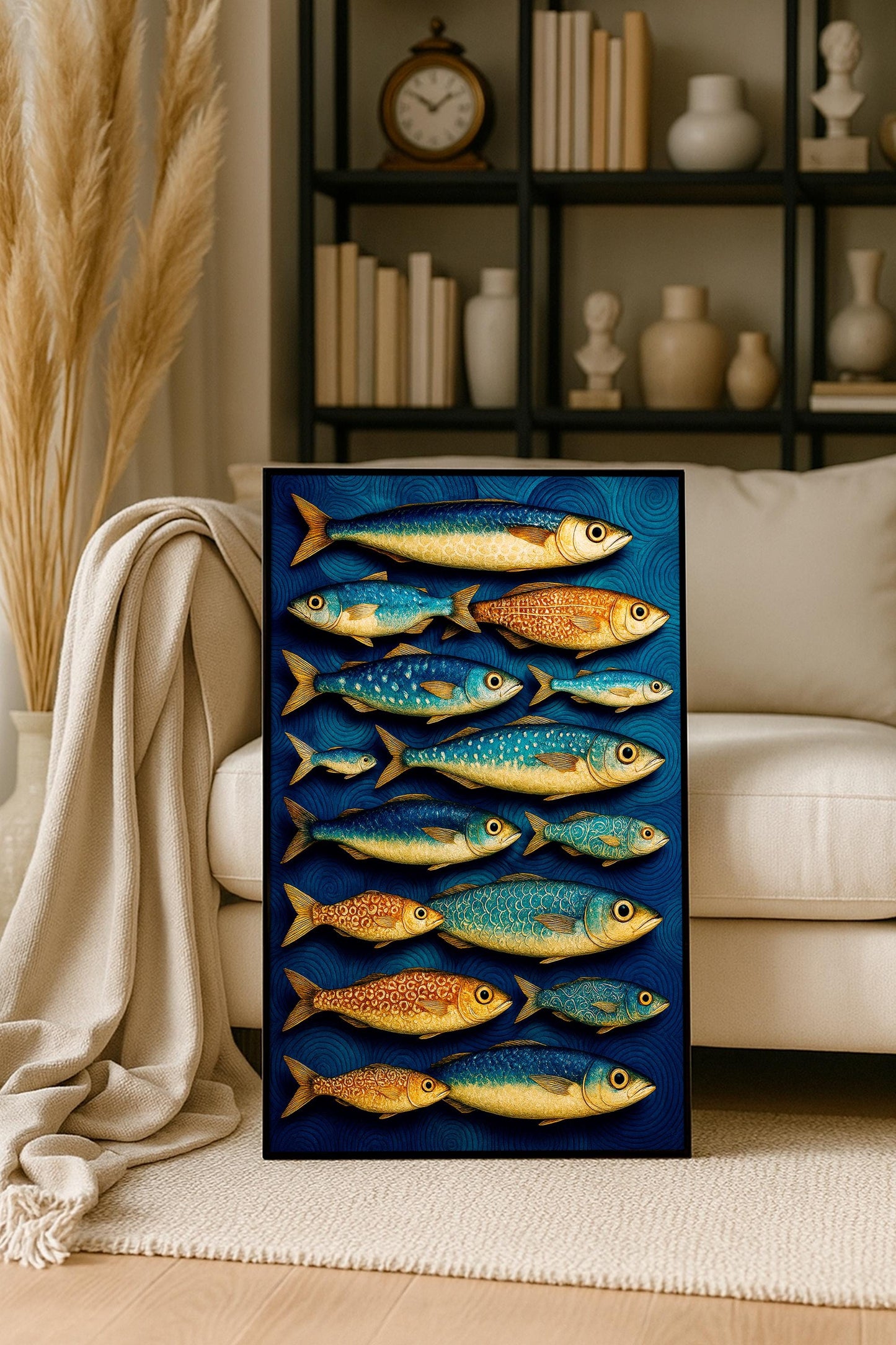 Blue and Gold Fish Poster, Abstract Fish Wall Art, Minimal Art, Mediterranean Print, Relaxing Home Décor, Nautical Wall Art