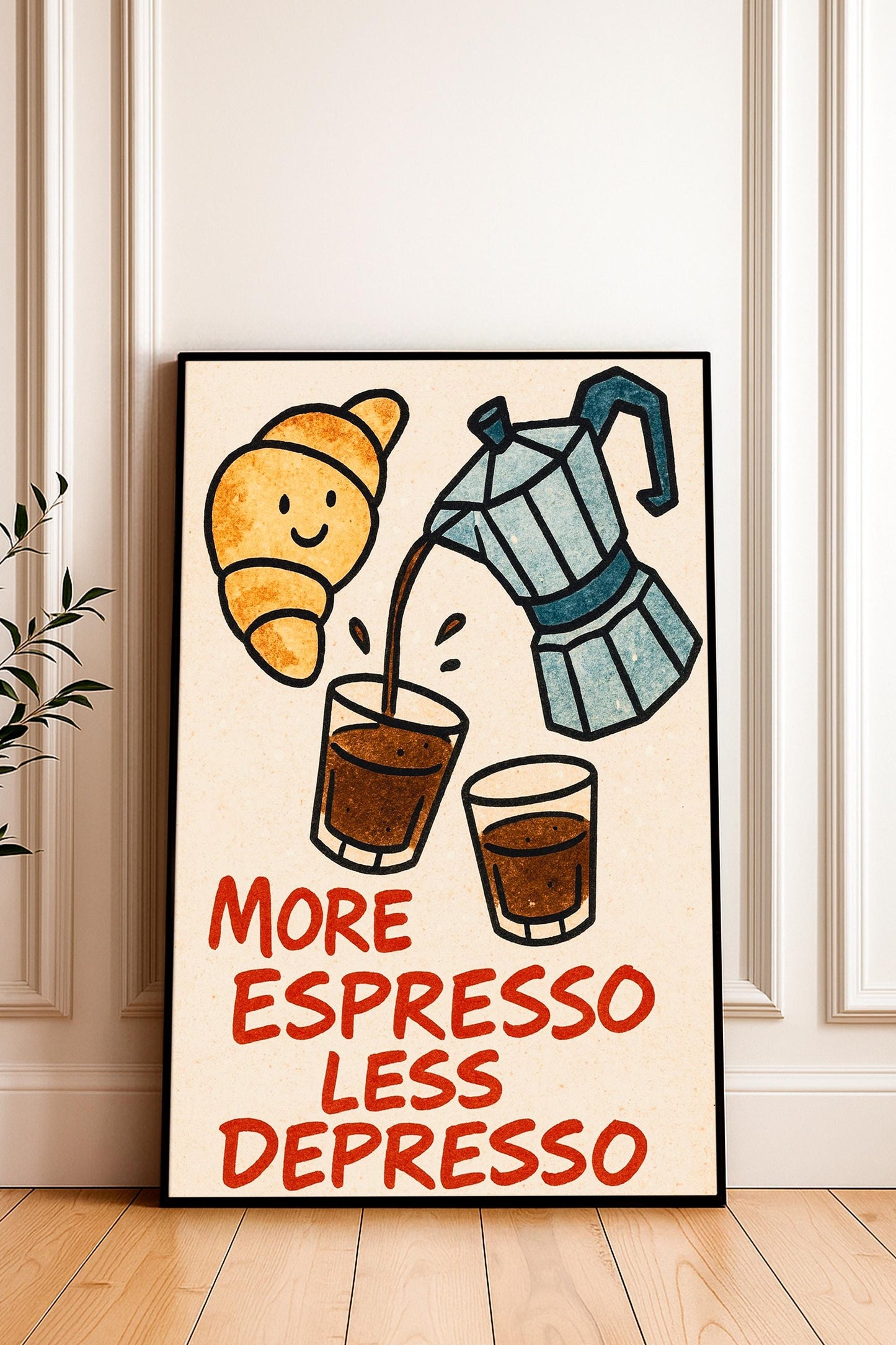 Italian Moka Espresso Retro Cartoon Print – "More Espresso Less Depresso" Coffee Quote, Motivational Poster, Kawaii Kitchen Wall Art
