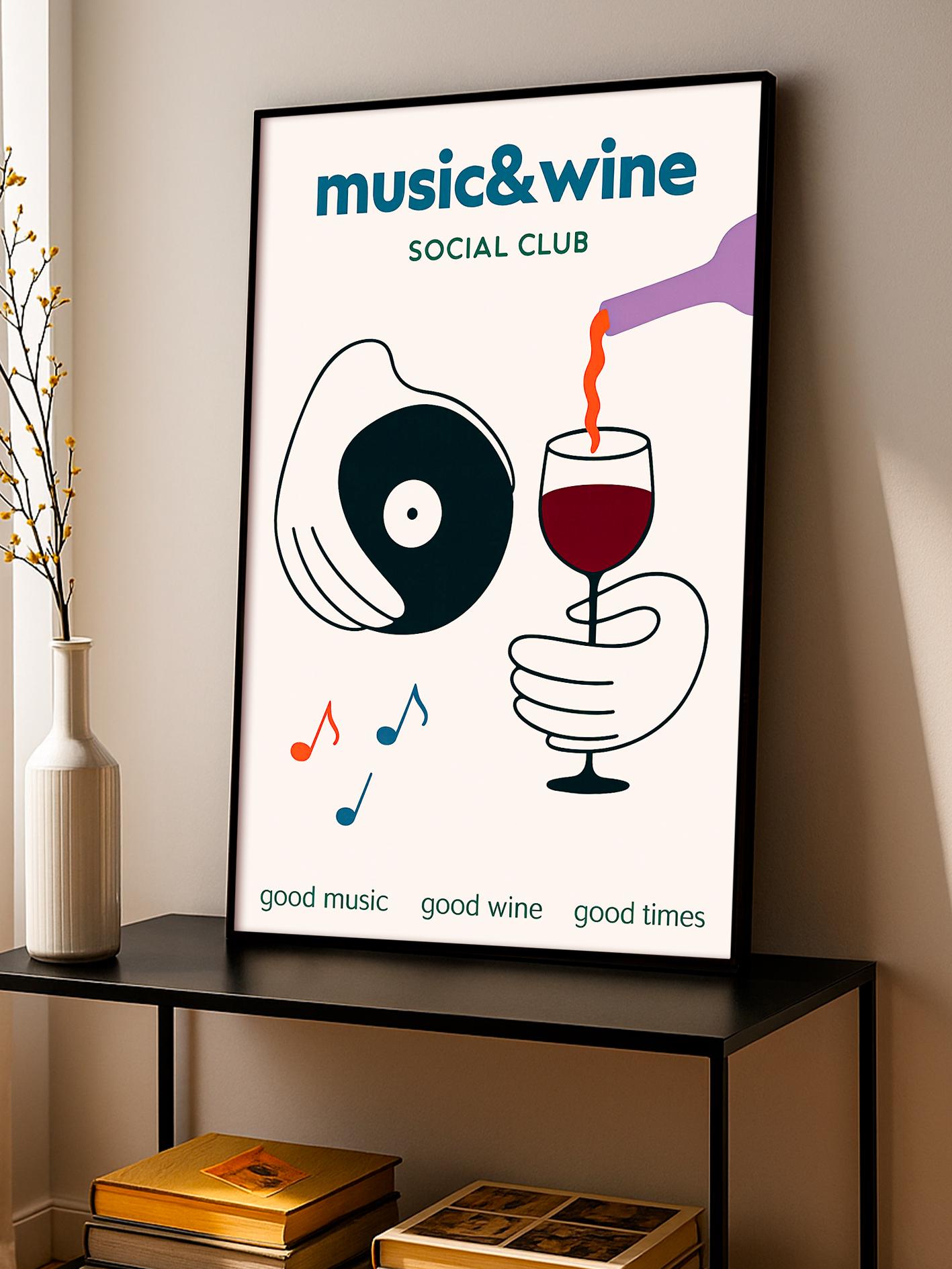 Music and Wine Poster, Music Wall Art, Wine Print Wall Decor, Retro Music Poster, Decorative Home Illustration