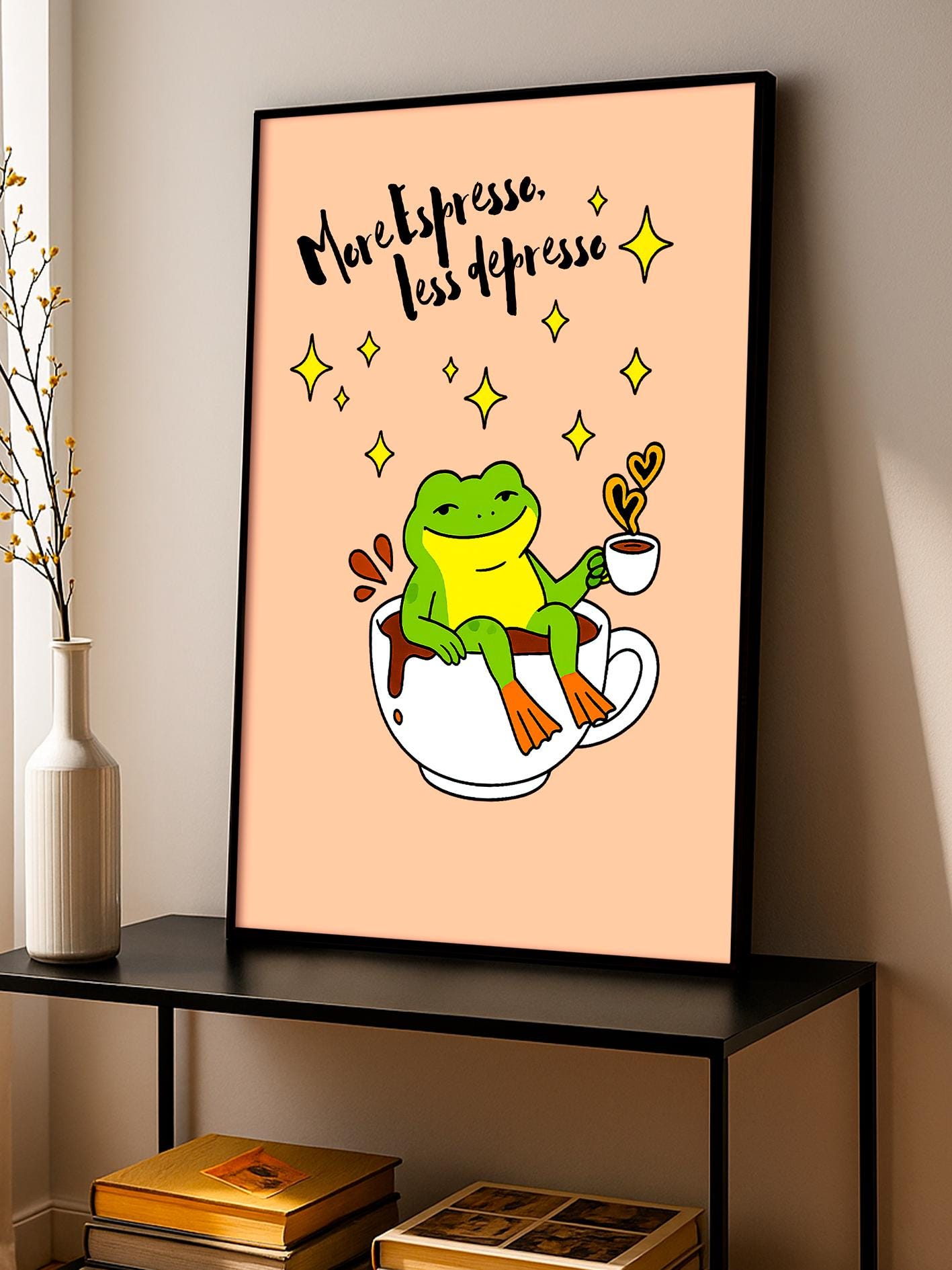 More Espresso Less Depresso – Wall Print of a Frog, Poster of a Frog Inside Coffee, Kitchen Art, Bar Cart Poster