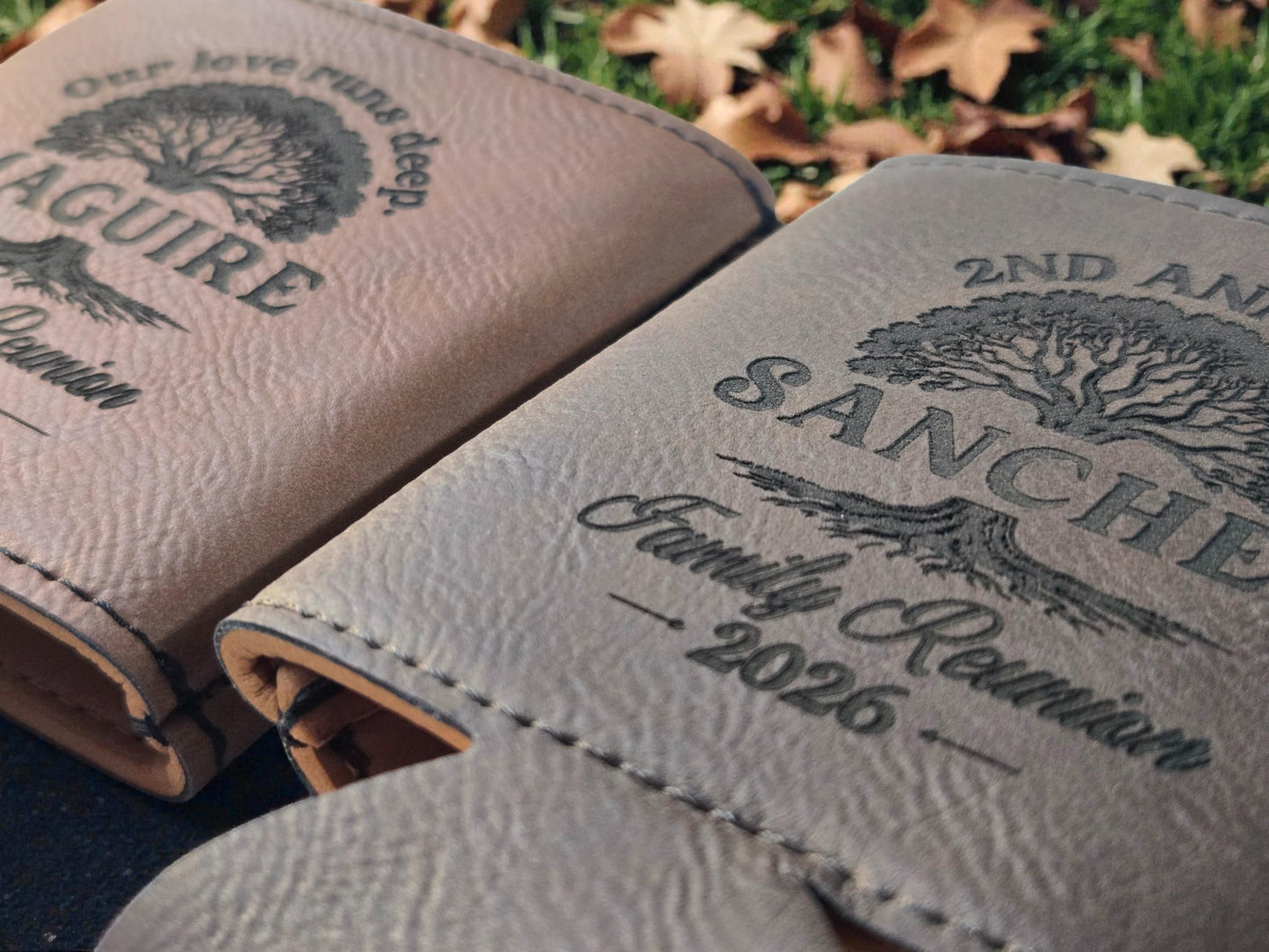 Family Reunion Party Favor, Custom Engraved Leatherette Can Holder, Bulk Reunion Personalized Party Gifts, Silver/Gold/Brown/Rawhide/Gray