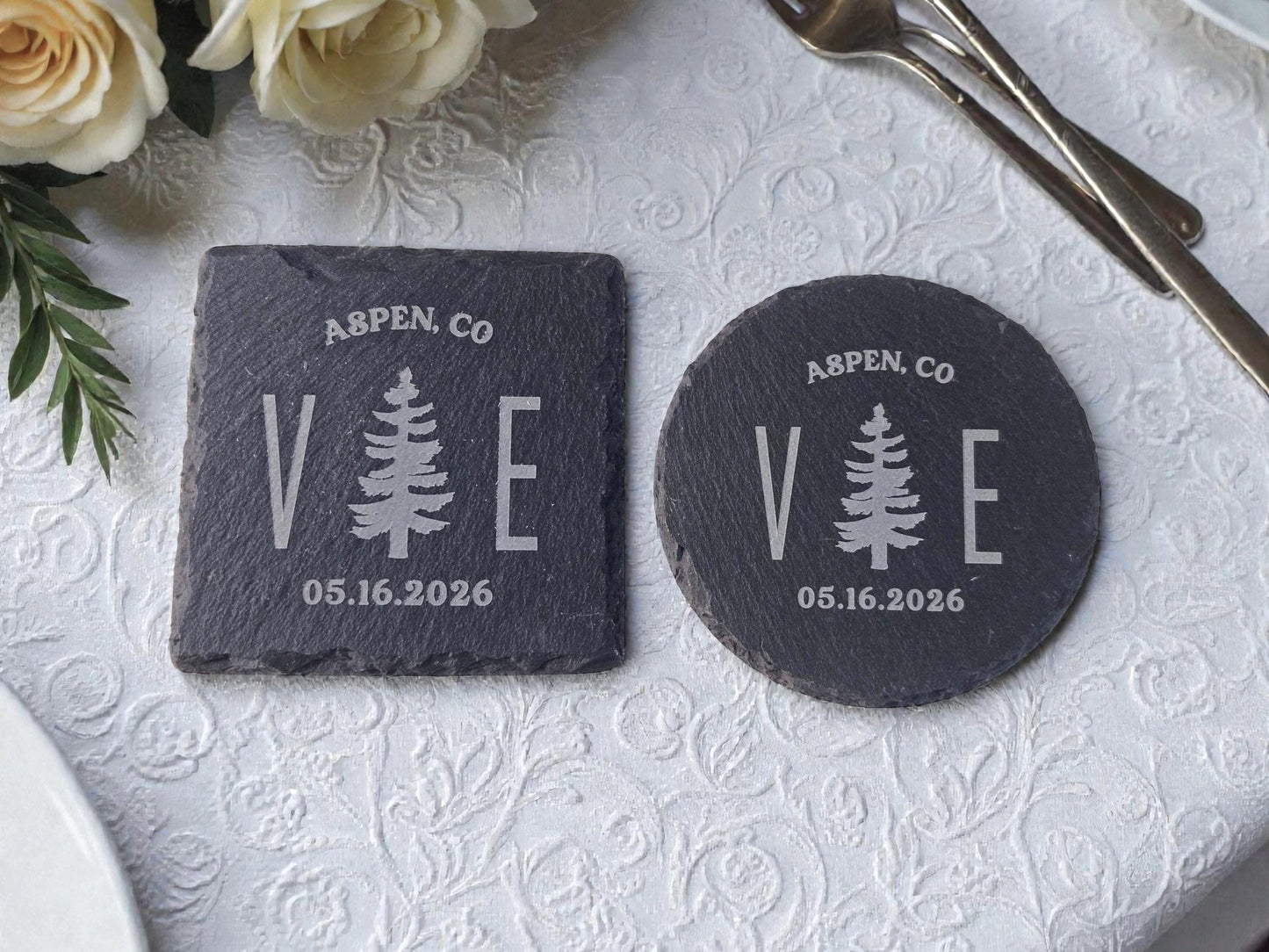 Mountain Wedding Favor, Rustic Bulk Wedding Favors, Custom Engraved Wedding Guest Favors, Round Or Square Personalized Slate Coaster