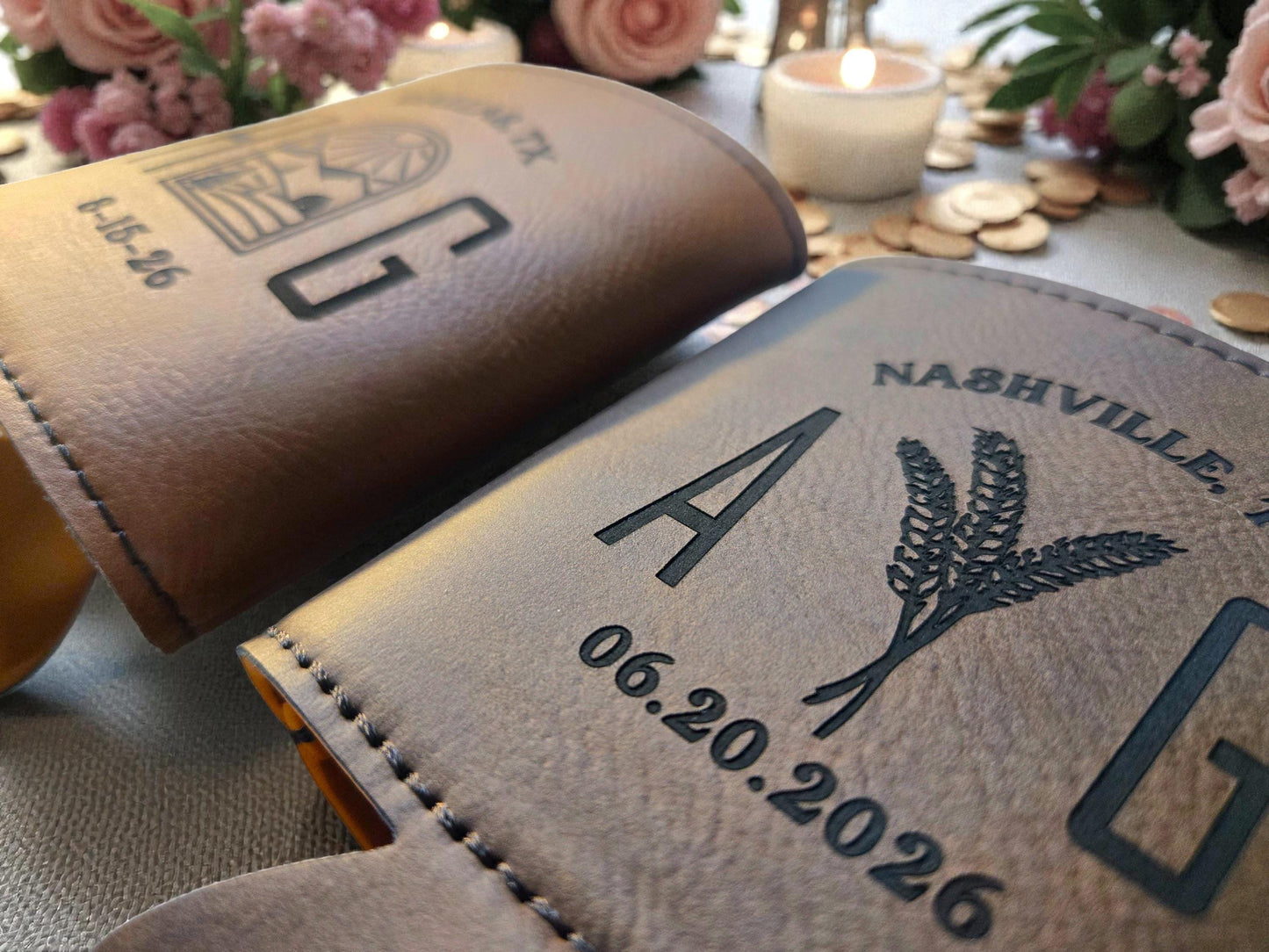 Farm Wedding Favors, Custom Engraved Leatherette Can Cozie Beverage Holder, Personalized Wedding Guest Favor, Gold/Silver/Gray/Rawhide/Brown