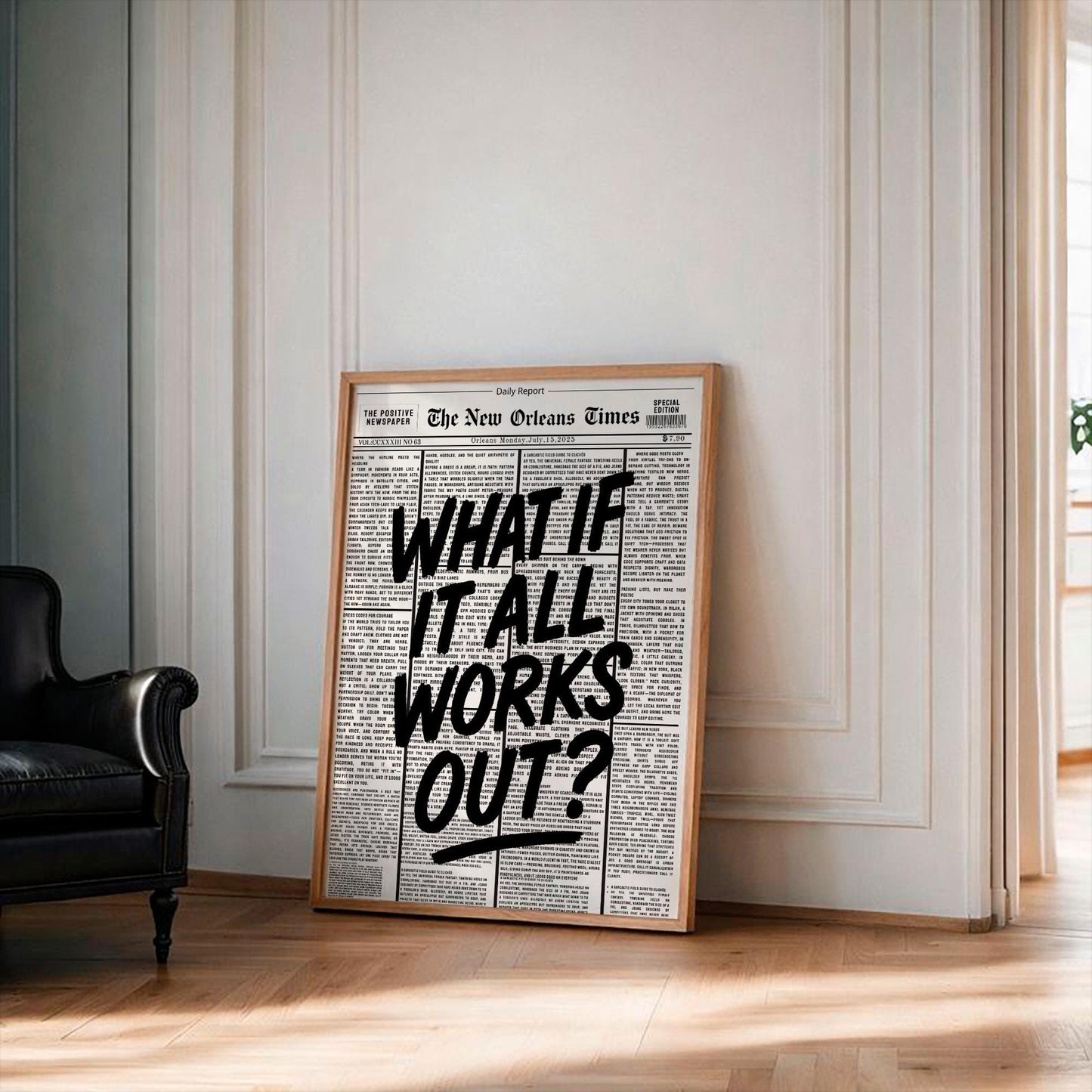 Retro What If It All Works Out newspaper print, bold typography poster, trendy motivational wall art, inspirational home decor