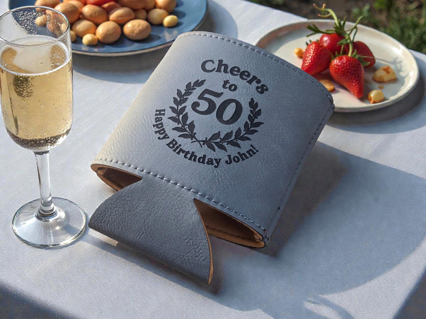 50th Birthday Party Favors, Custom Engraved Leatherette Can Holder, Bulk Party Favor Gift, Gold/Silver/Gray/Brown/Rawhide