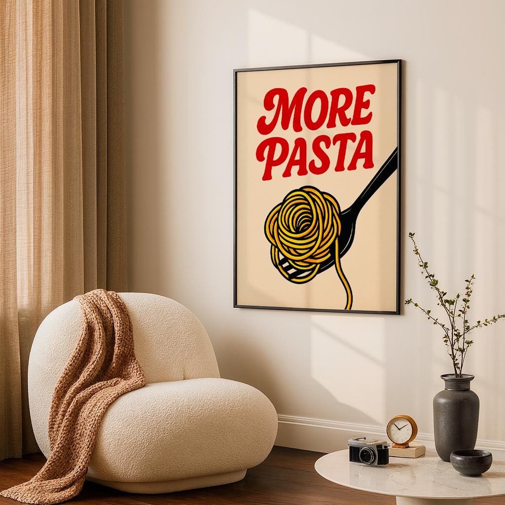 More Pasta Poster, Spaghetti Wall Art Print, Italian Food Illustration, Retro Kitchen Decor, Pop Art Food Poster