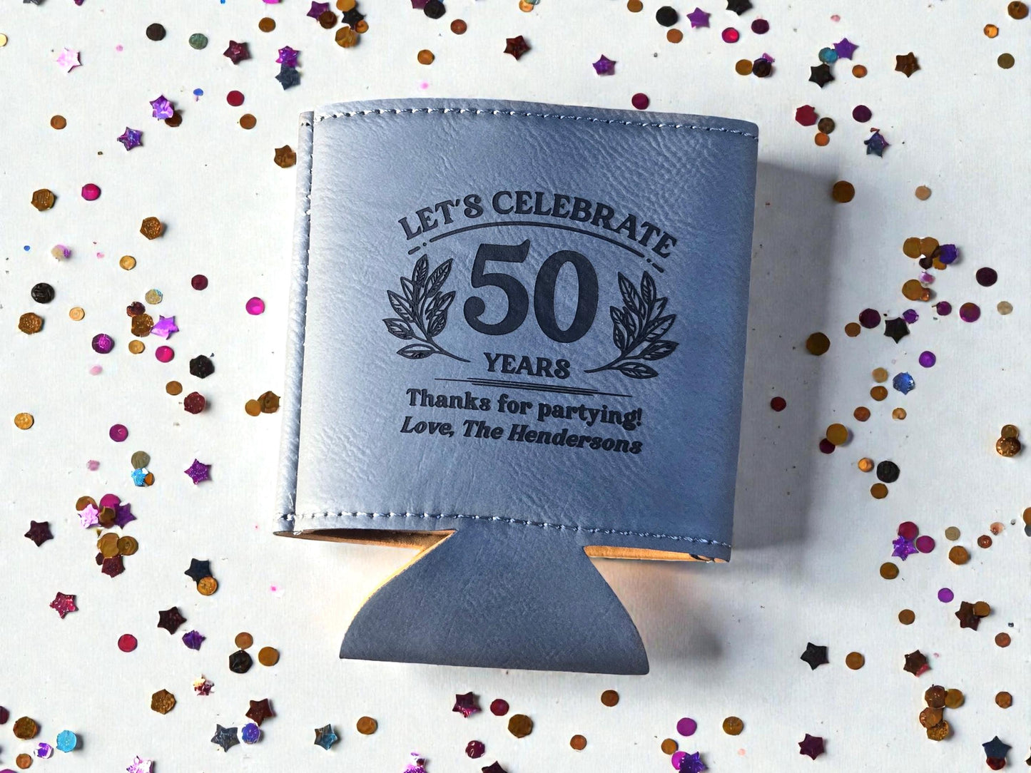 50th Birthday Party Favors, Personalized Engraved Leatherette Can Holder, Bulk Party Favor Gift, Gold/Silver/Rawhide/Gray/Brown