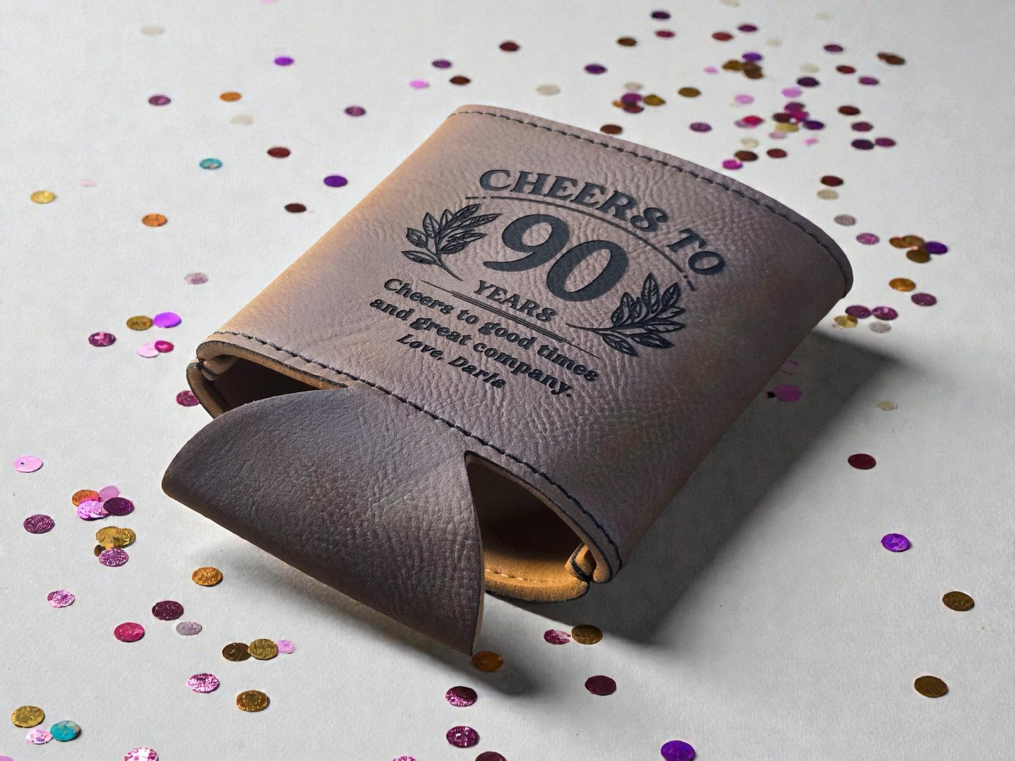 90th Birthday Party Favors, Personalized Engraved Leatherette Can Holder, Bulk Party Favor Gift, Gold/Silver/Gray/Rawhide/Brown
