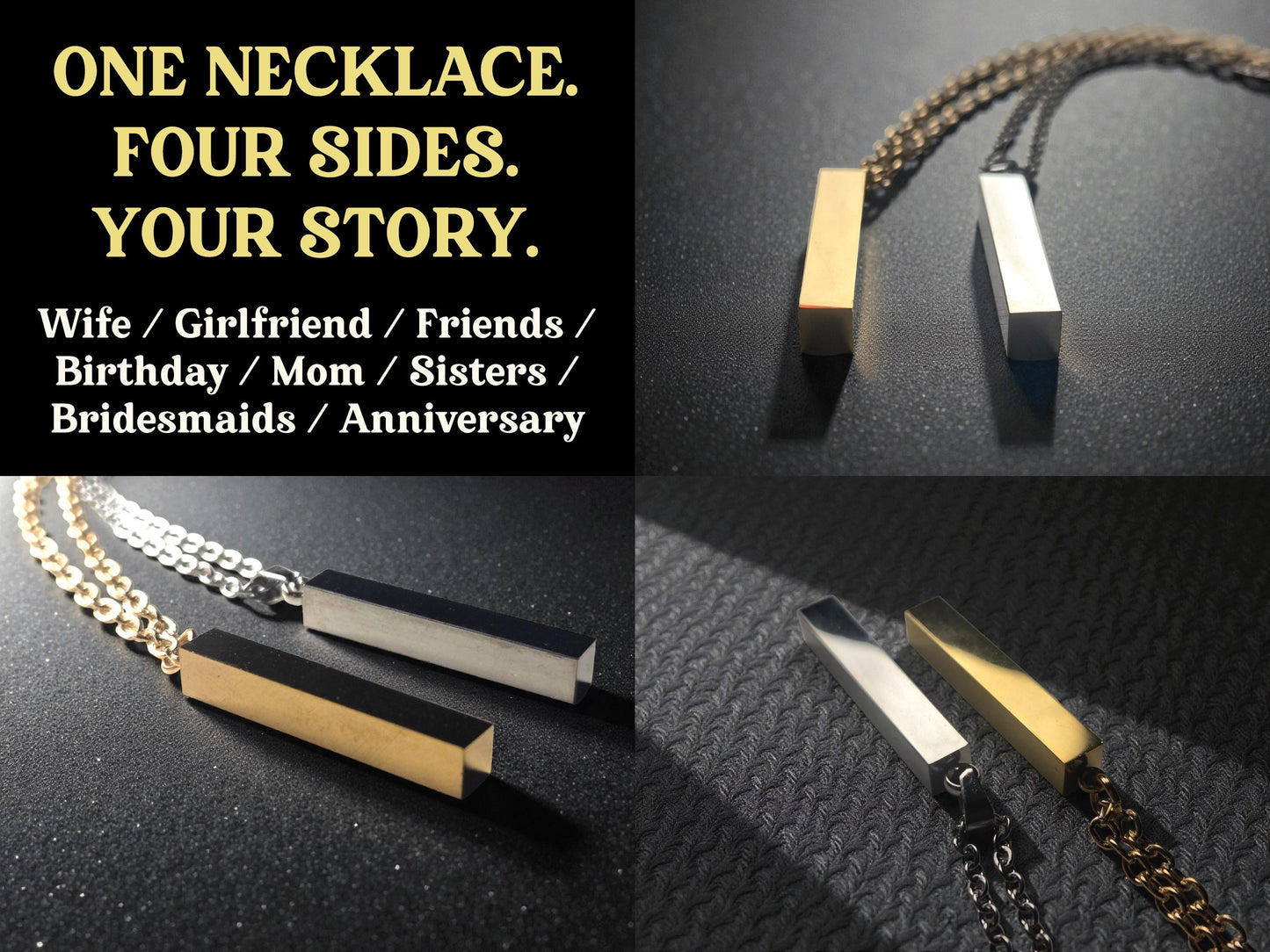 Personalized Mother's Day Bar Necklace, Custom Silver / Gold Pendant Necklace Chain, Gift For Mom