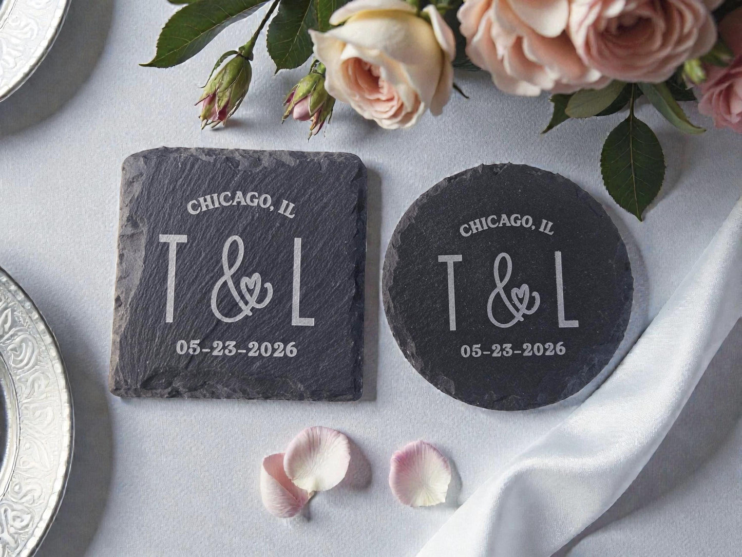 Bulk Wedding Favors, Personalized Slate Coasters, Custom Engraved Wedding Guest Favors, Round Or Square Slate Coasters