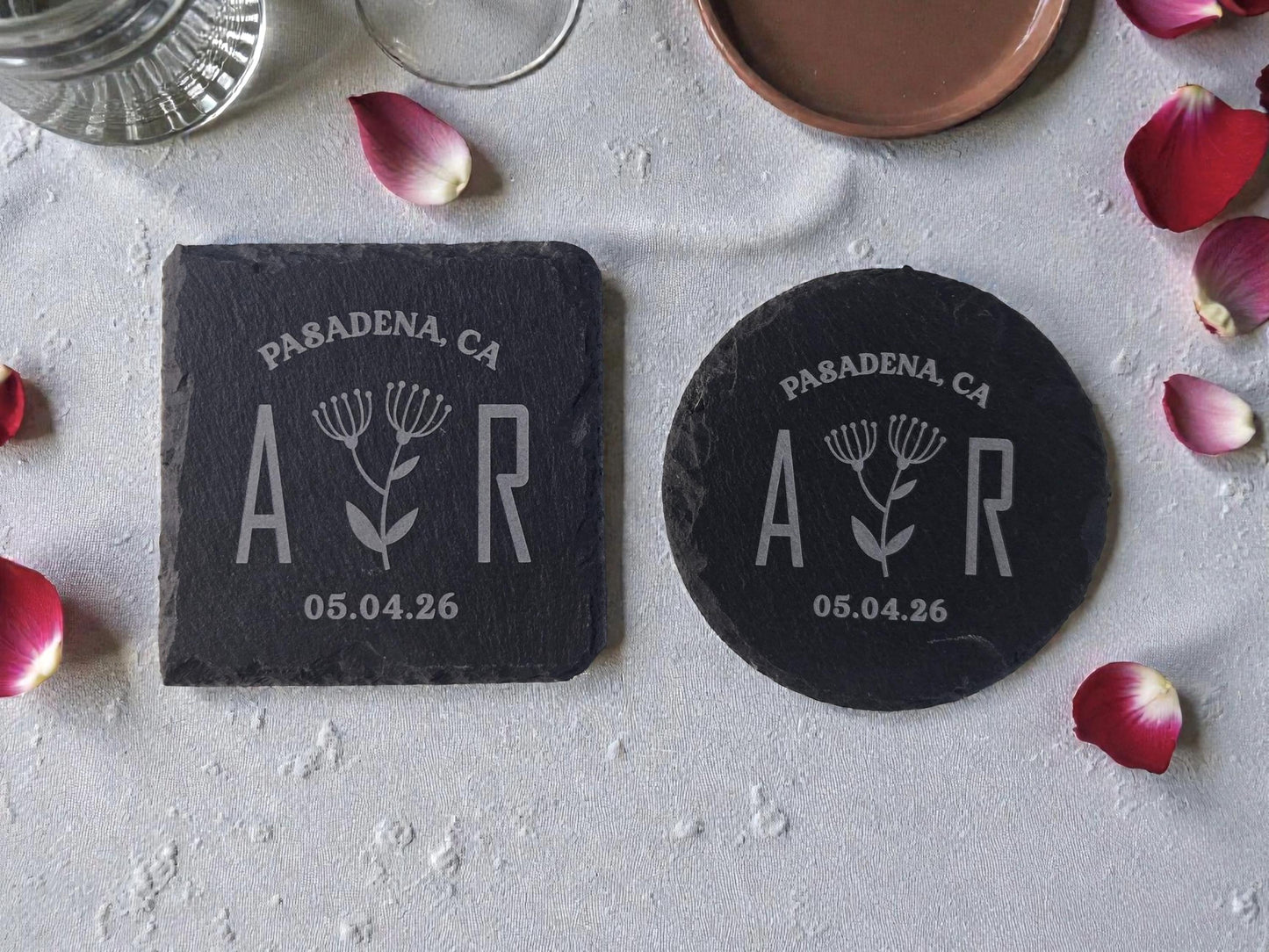 Botanical Wedding Favor, Personalized Slate Coaster Bulk Wedding Favors, Custom Engraved Wedding Guest Favors, Round Or Square Slate Coaster