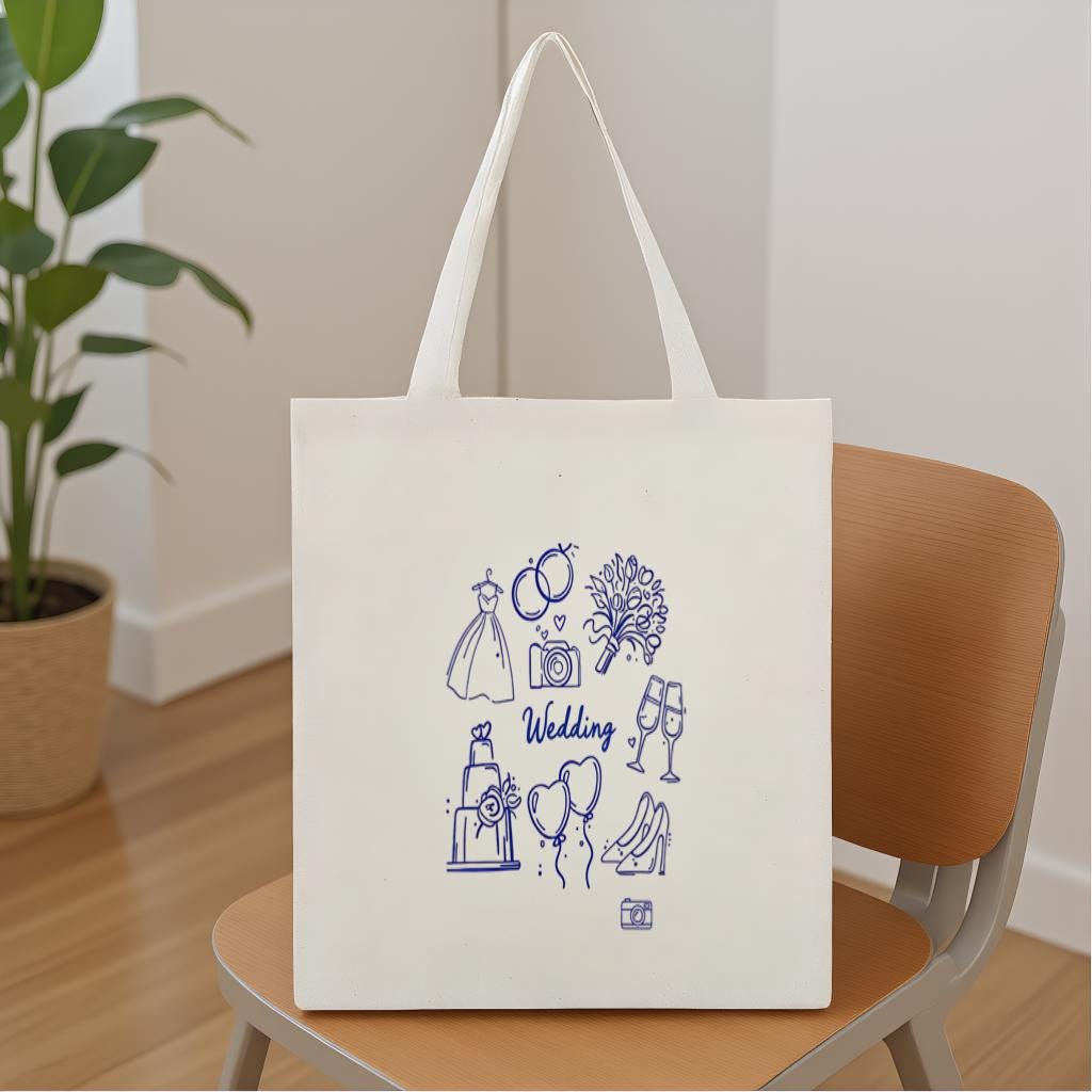 Wedding Tote Bag, Minimal Blue Line Art Bridal Icons Canvas Shopper, Gift for Bride and Bridesmaids