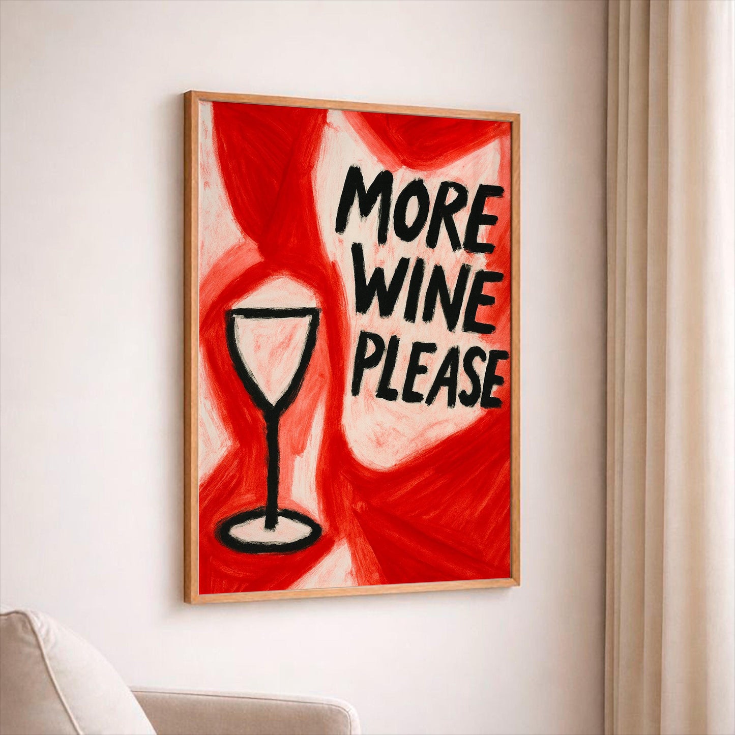 More Wine Please Art Print, Modern Kitchen Wall Decor, Hand Painted Wine Poster, Gift for Wine Lovers, Minimalist Bar Cart Wall Art