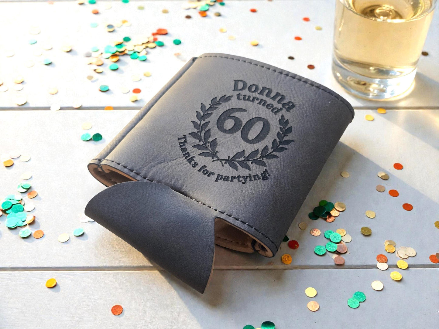 60th Birthday Party Favors, Custom Engraved Leatherette Can Holder, Bulk Party Favor Gift, Silver/Gold/Gray/Brown/Rawhide