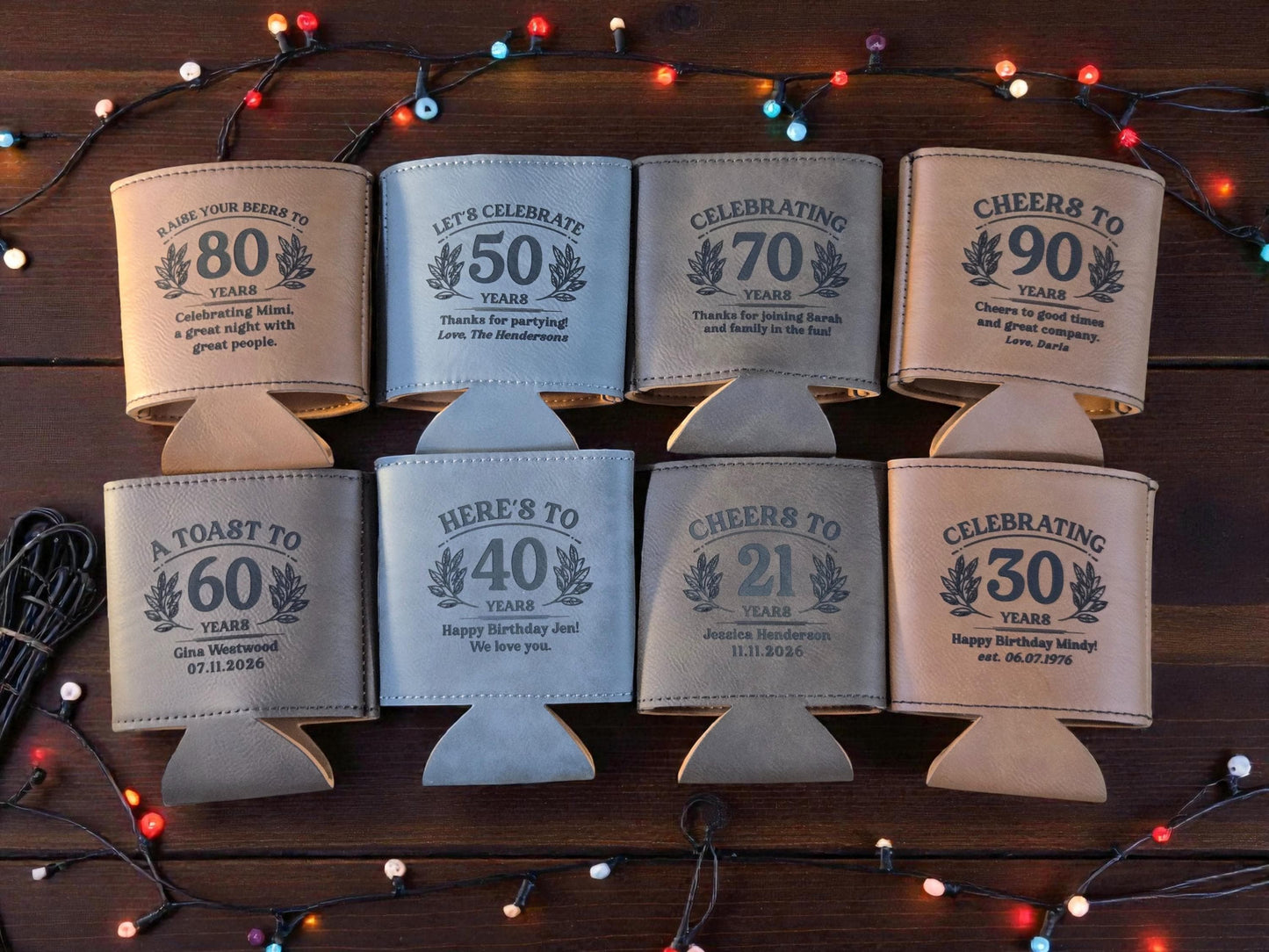 Milestone Birthday Party Favors, Personalized Engraved Leatherette Can Holder, Bulk Party Favor Gift, Gold/Silver/Gray/Rawhide/Brown