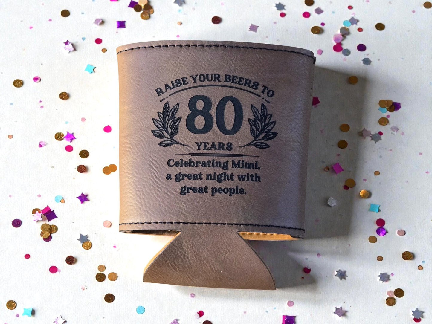 80th Birthday Party Favors, Personalized Engraved Leatherette Can Holder, Bulk Party Favor Gift, Gold/Silver/Brown/Gray/Rawhide