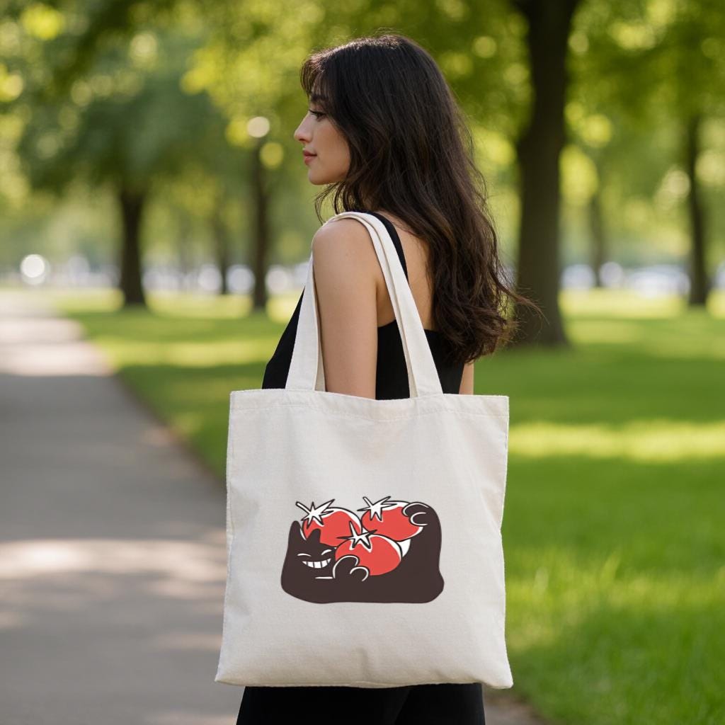 Canvas Tote Bag with Sleeping Cat & Heart Graphic, Cute Minimal Shopper for Cat Lovers, Gift for Cat Lovers