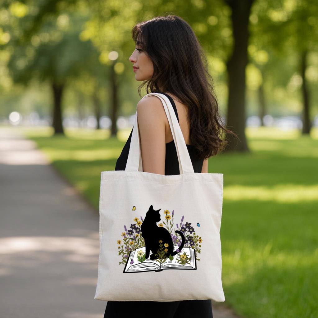 Cat Tote Bag, Floral Book Lover Canvas Style Shoulder Bag for Readers and Cat Moms, Gift for Cat Lovers