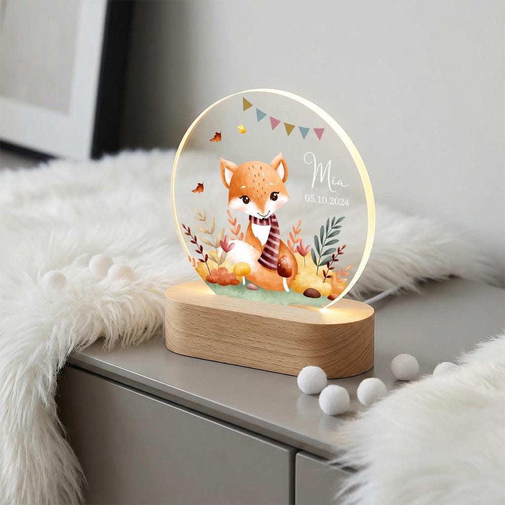 Personalized fox night light, custom name date LED acrylic lamp, woodland nursery decor, baby keepsake gift, newborn announcement