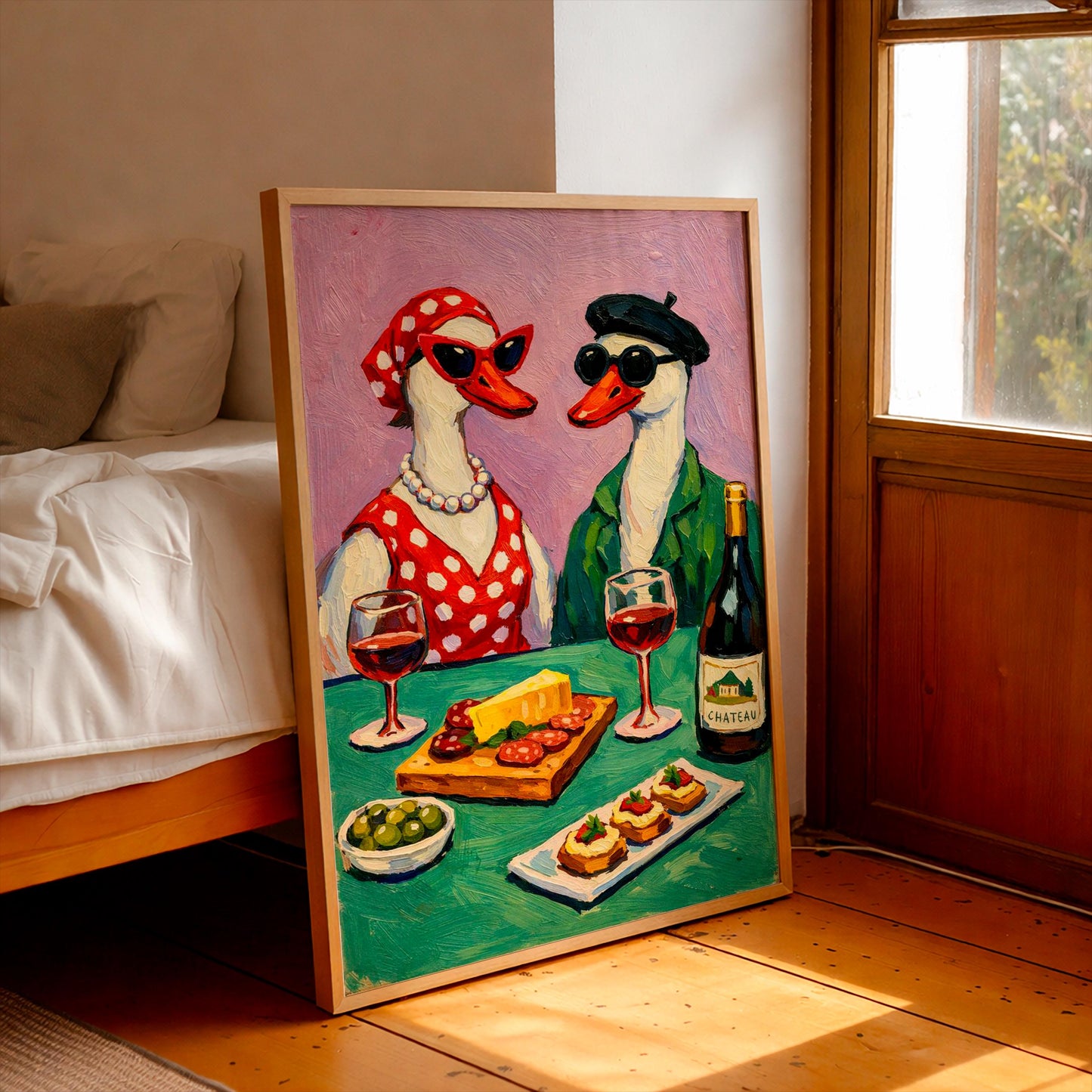 Funny Goose Wine Art Print, Quirky French Duck Poster, Eclectic Kitchen Wall Decor, Oil Painting Animal Style, Trendy Bar Cart Decor Gift