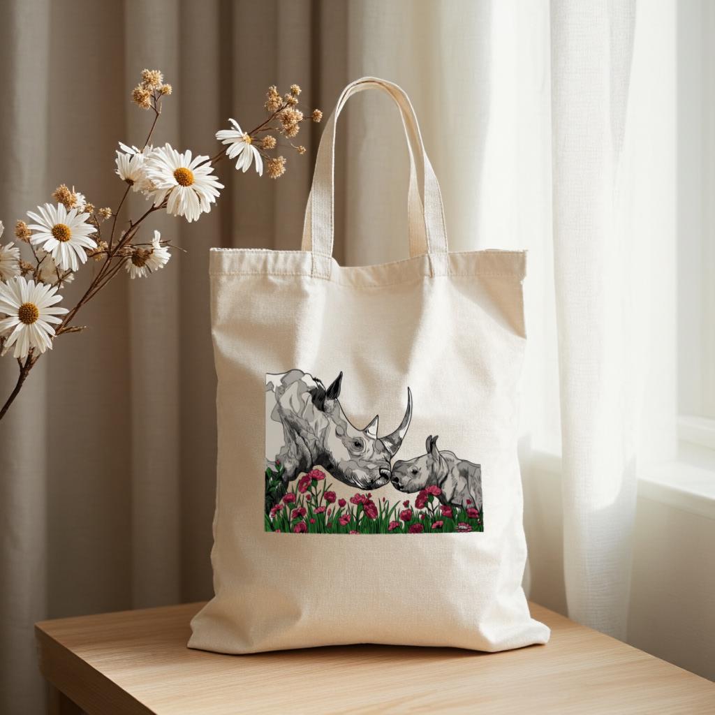 Rhino Tote Bag, Wildlife Illustration Canvas Tote, Nature Lover Bag, Reusable Grocery Tote, Gift for Animal Lovers