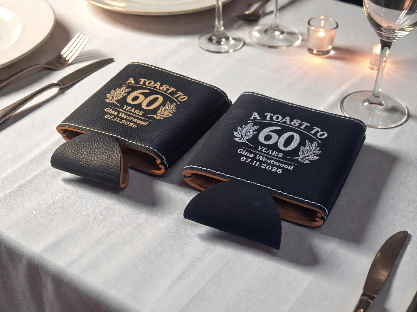 60th Birthday Party Favors, Personalized Engraved Leatherette Can Holder, Bulk Party Favor Gift, Custom Celebratory Gifts