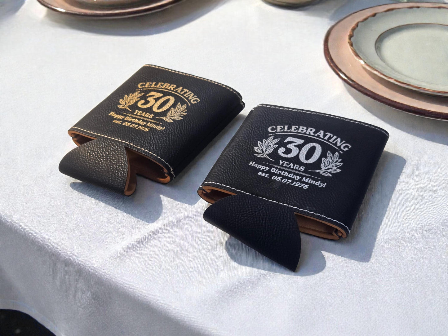 30th Birthday Party Favors, Personalized Engraved Leatherette Can Holder, Bulk Party Favor Gift, Custom Celebratory Gifts
