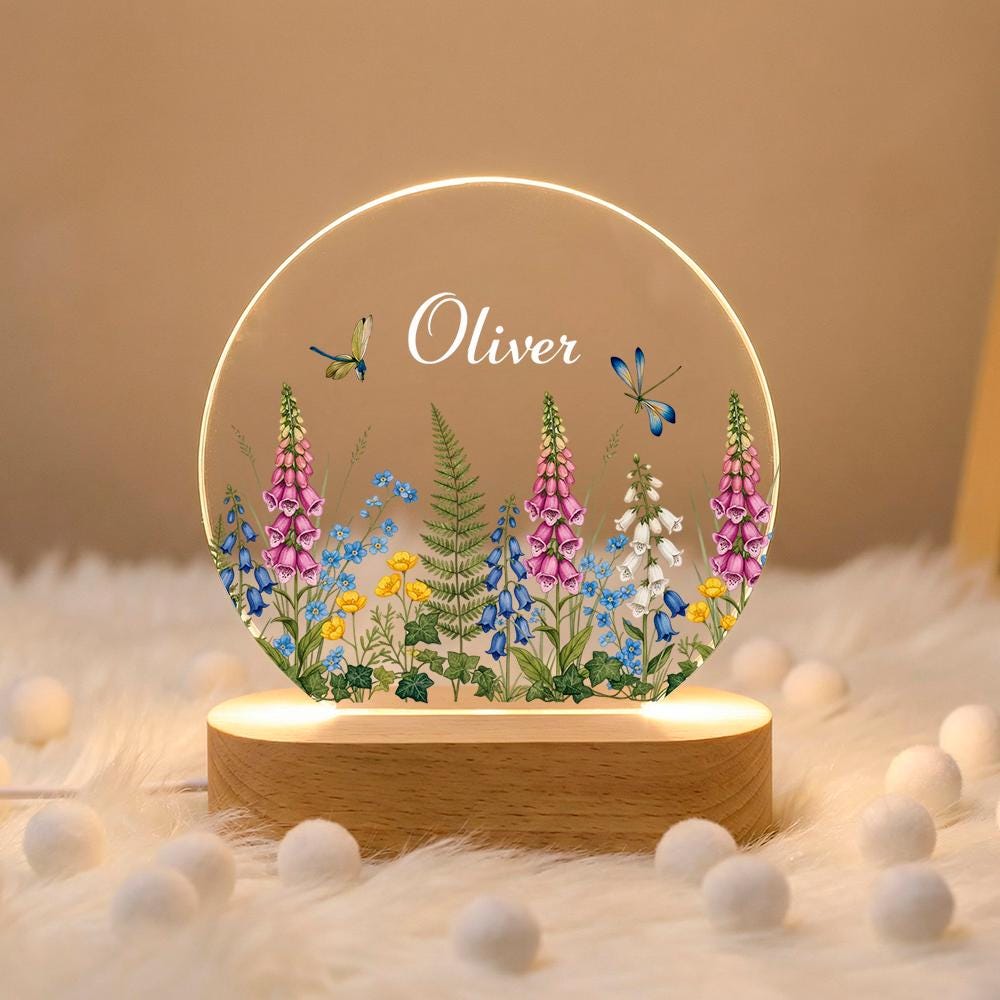 Personalized acrylic night light with name, wildflower & dragonfly botanical design, LED lamp on wooden base, nursery decor