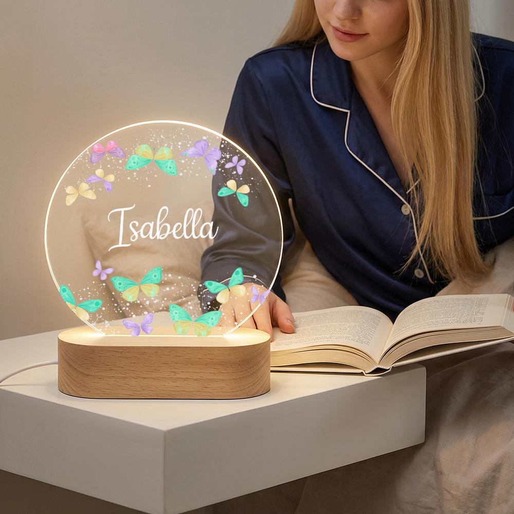 Personalized butterfly acrylic night light with name, LED lamp on wooden base, nursery bedside decor, custom kids room gift