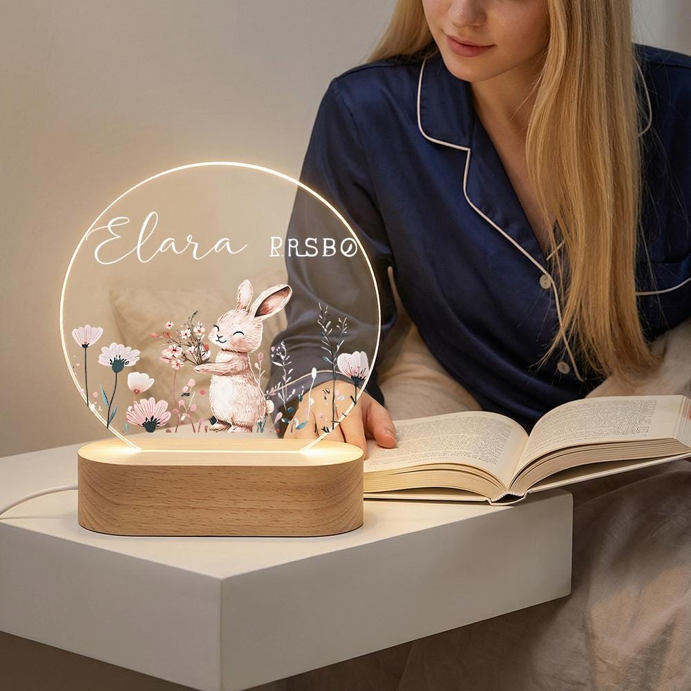 Personalized Acrylic Night Light with Wooden Base, Bunny & Wildflower Nursery Lamp, Custom Name LED Bedside Decor, Baby Shower Gift