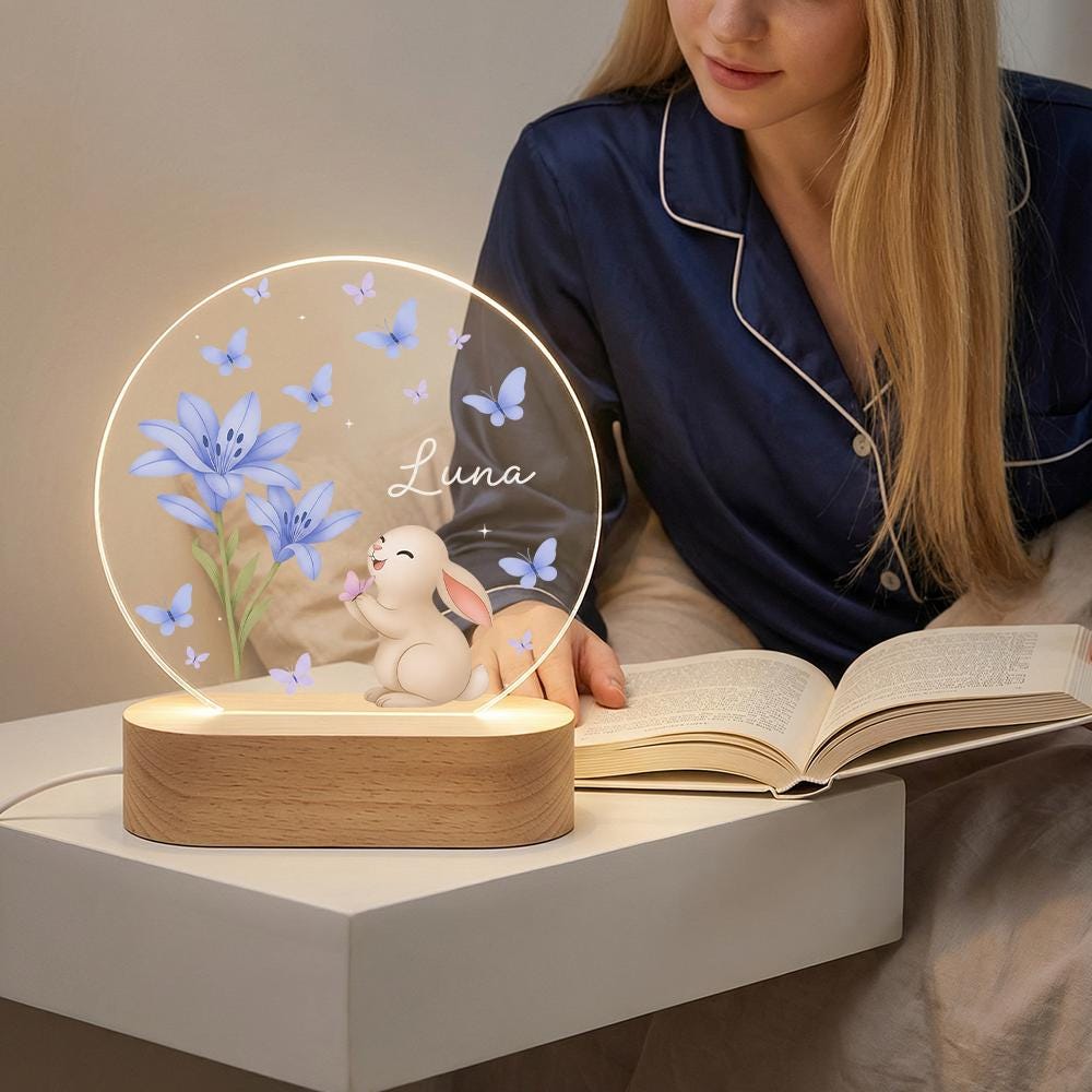 Personalized LED Night Light Acrylic Plaque, Bunny & Blue Butterflies Name Sign, Wooden Base Nursery Lamp, Baby Shower Gift