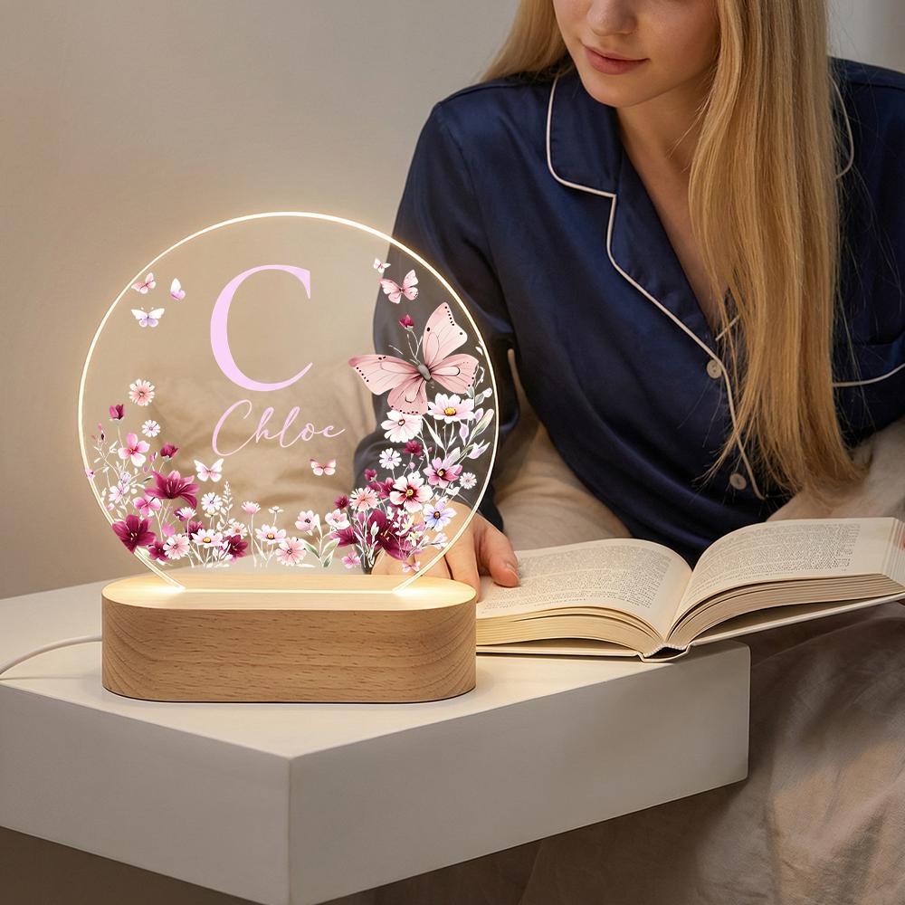 Acrylic LED night light with butterfly floral monogram, personalized name bedside lamp, nursery room decor, custom initial plaque gift