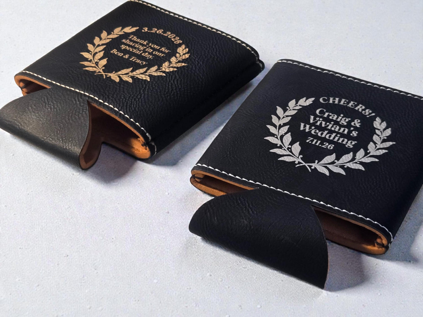 Personalized Wedding Favor Cozie, Circular Laurel Design, Engraved Leatherette Beverage Holder, Bulk Wedding Guest Favors, Fits Cans/Bottles