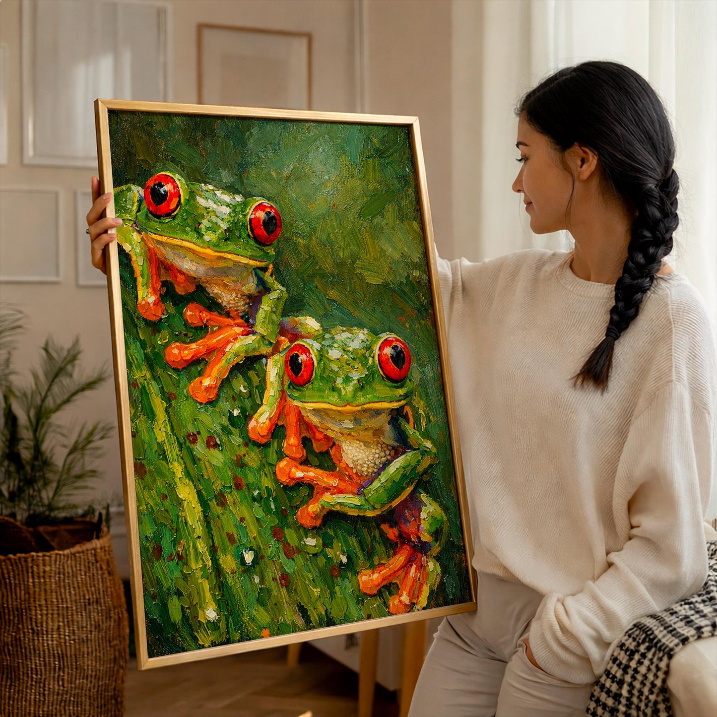 Red Eyed Tree Frog Art Print, Two Green Tropical Frogs Oil Painting Poster, Rainforest Wildlife Wall Decor, Jungle Animal Lover Gift Idea