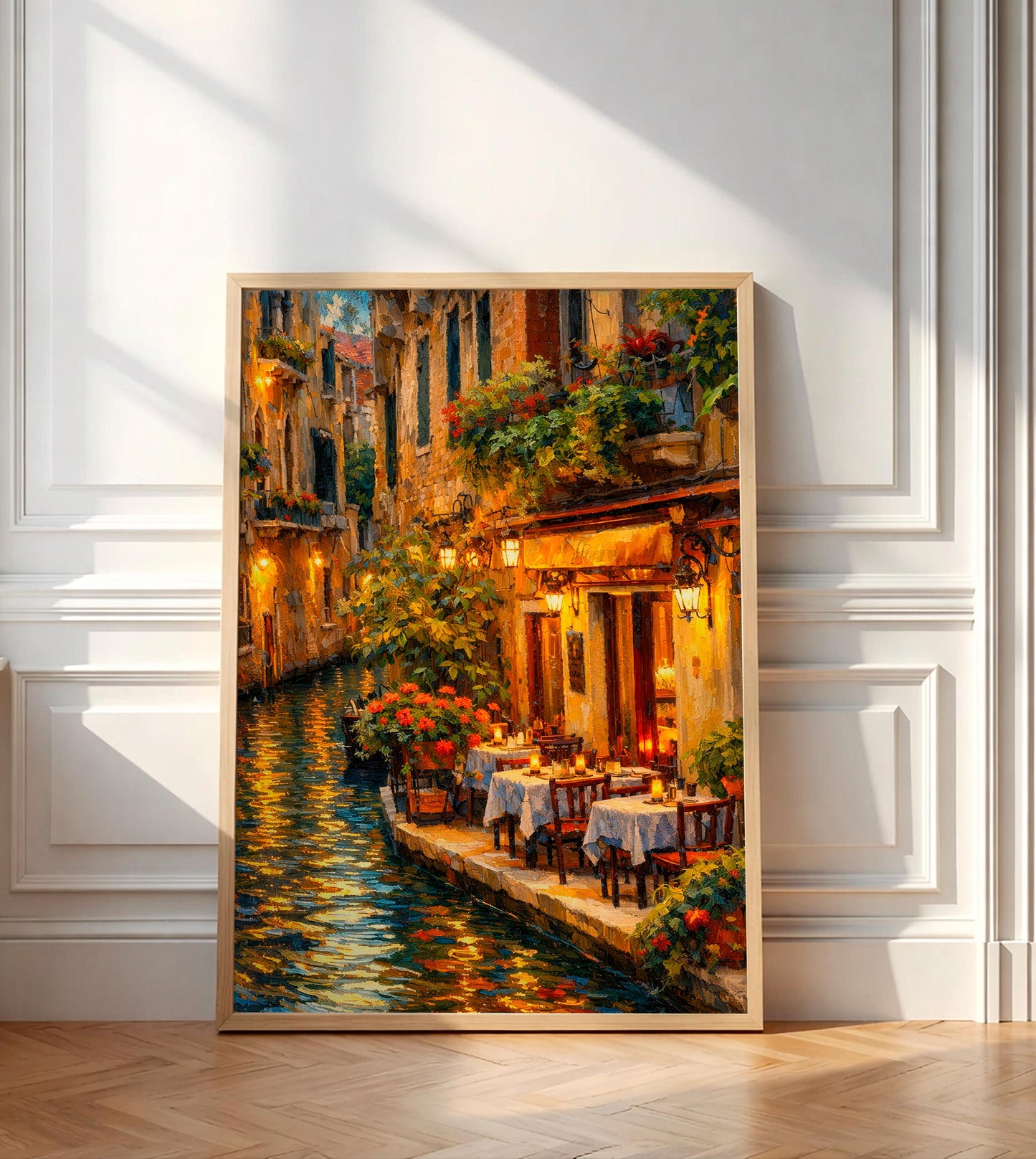 Venice Italy Travel Poster, Romantic Canal Restaurant Oil Painting, Venetian Cafe Wall Art, Italian Cityscape Print, Cozy Europe Home Decor