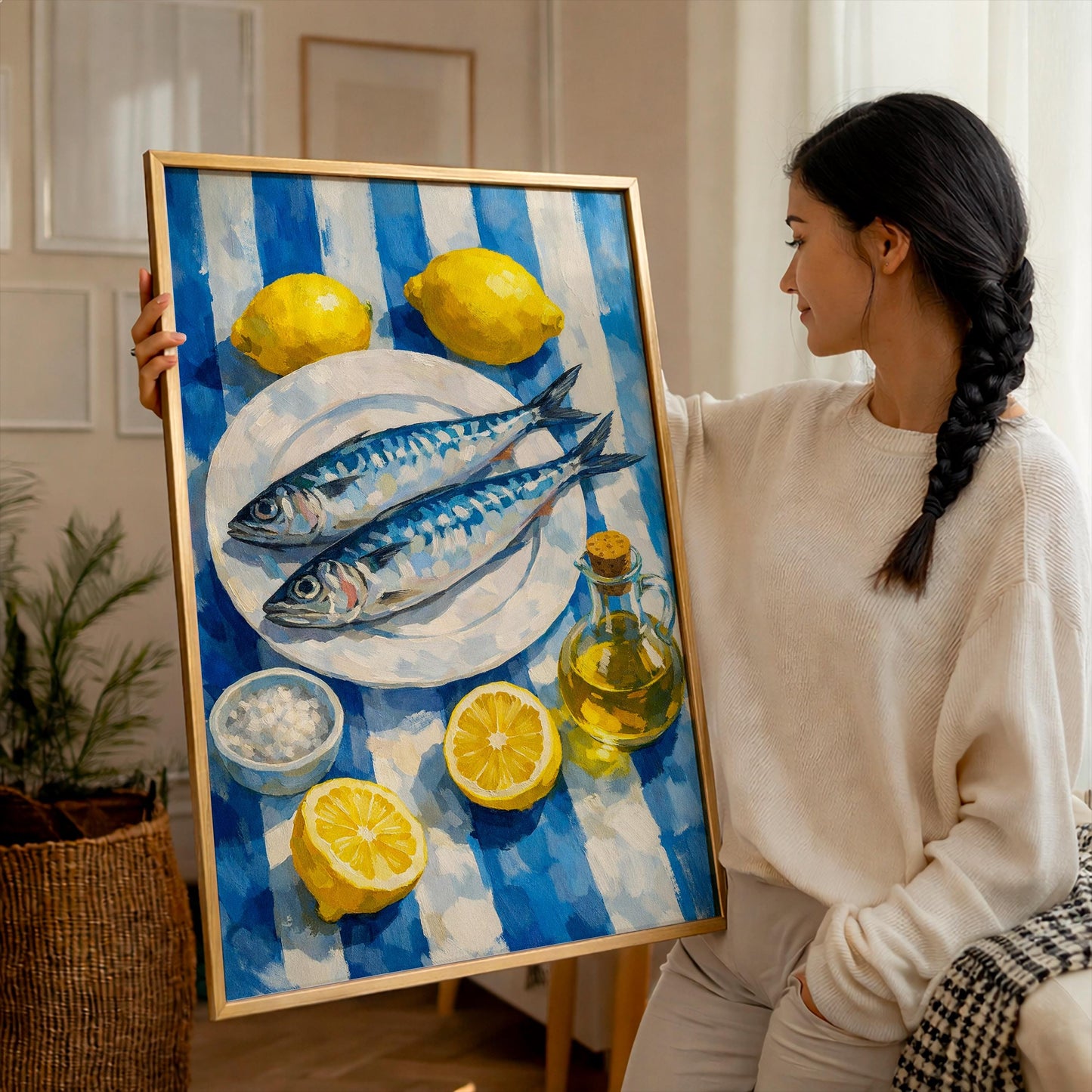 Mackerel Fish Still Life Art Print, Mediterranean Kitchen Wall Art, Lemon and Olive Oil Food Poster, Coastal Dining Room Decor Gift for Cook