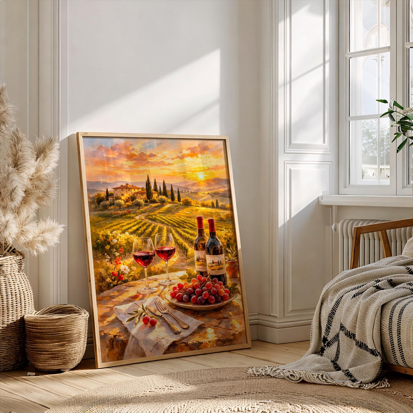Tuscany Vineyard Sunset Wall Poster, Italian Landscape Print, Wine & Grapes Still Life Painting, Rustic Farmhouse Decor, Italy Travel Gift