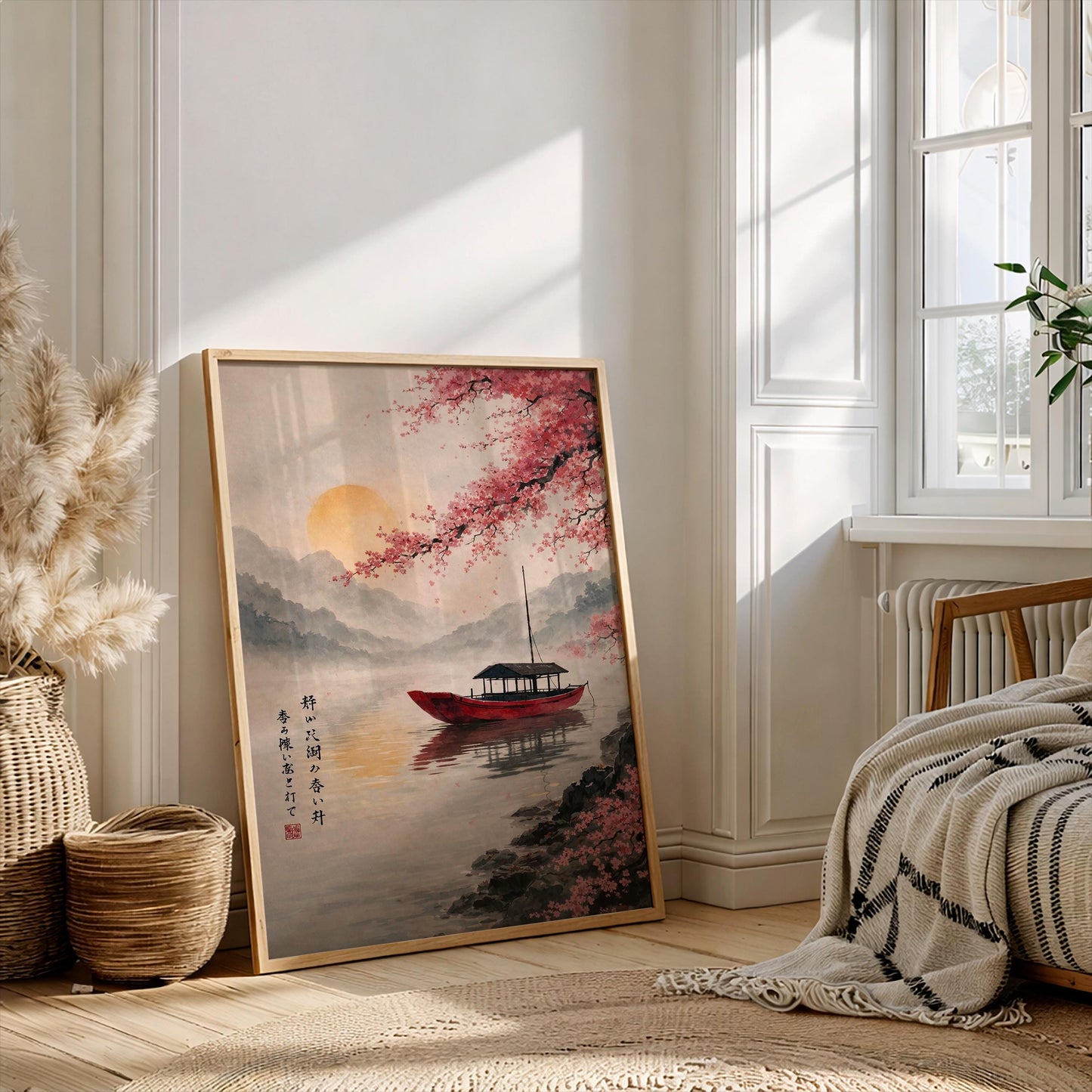 Japanese Cherry Blossom Wall Art, Zen Sakura Tree Canvas, Red Boat Lake Painting, Oriental Landscape Print, Japandi Home Decor, Asian Gift
