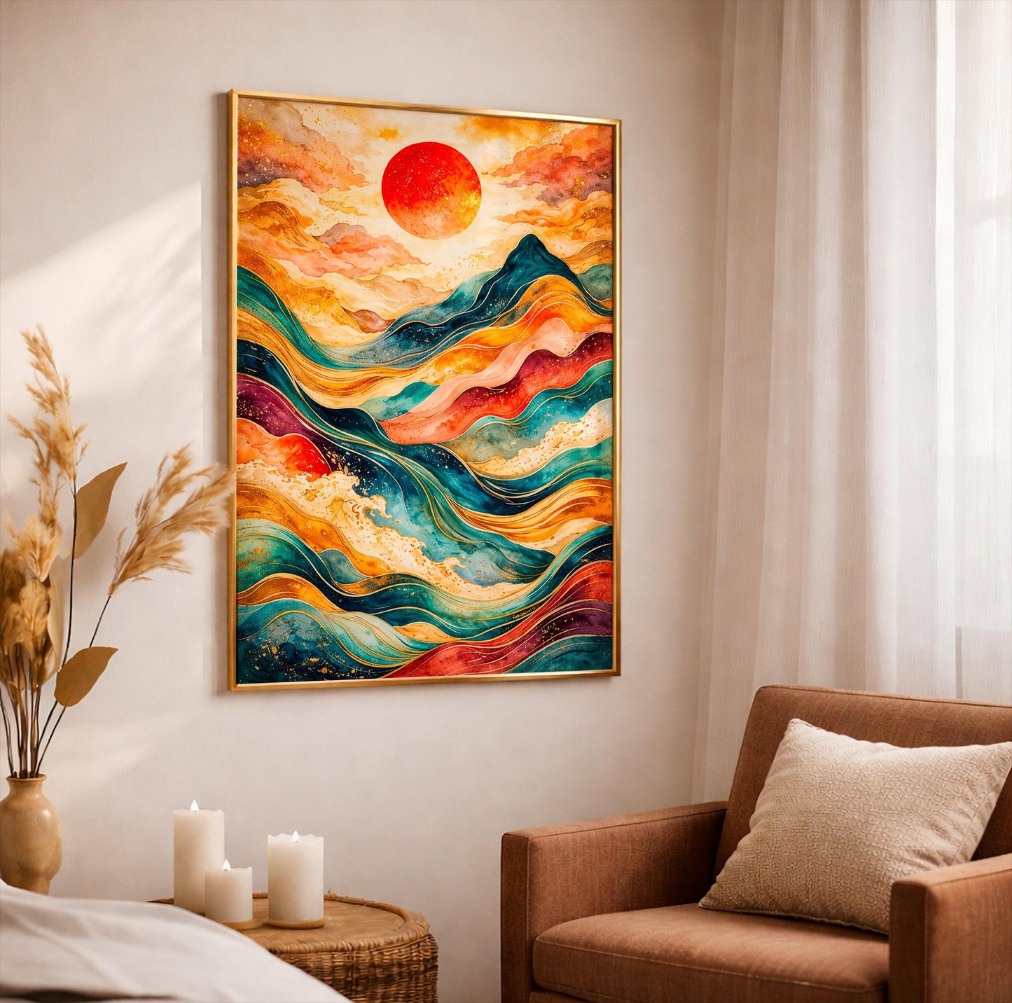 Abstract Sunset Ocean Waves Poster, Japanese Sun Wall Art, Teal Blue Gold Mountain Print, Boho Home Decor, Modern Landscape Watercolor Gift