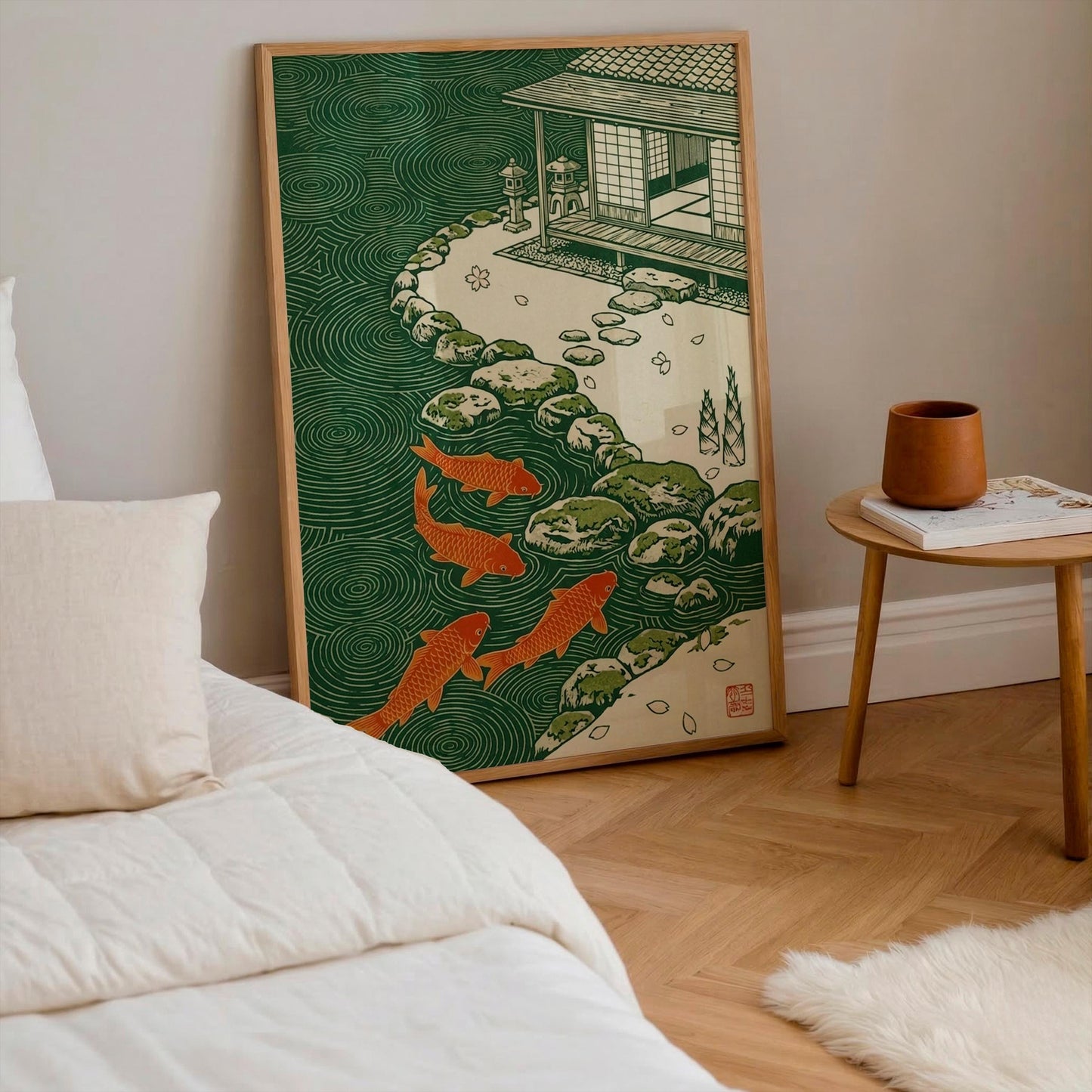 Japanese Koi Fish Pond Wall Art, Zen Garden Ukiyo-e Poster, Woodblock Style Print, Asian Home Decor, Japandi Wall Decor, Birthday Gift Idea