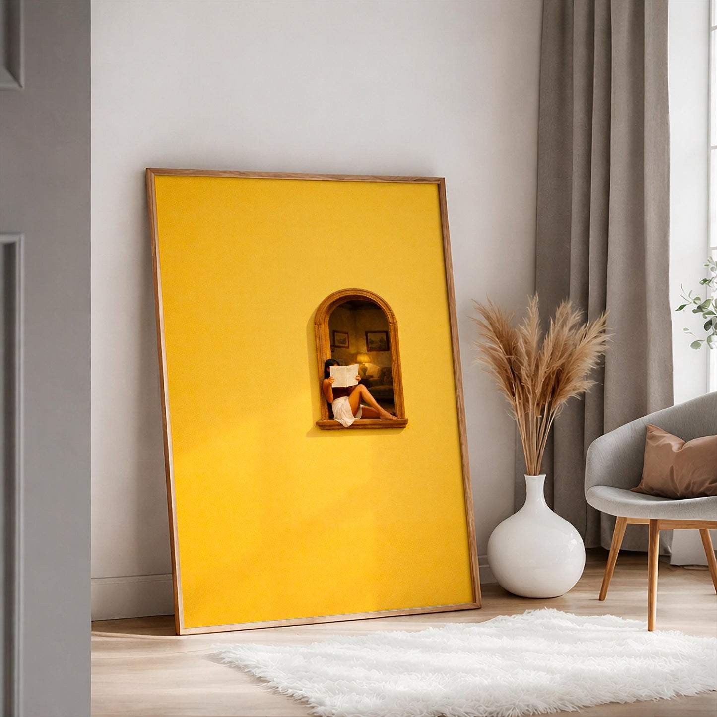 Yellow Aesthetic Wall Art, Woman Reading Poster, Minimalist Mediterranean Decor, Sun Drenched Window Art Print, Retro Boho Home Gift