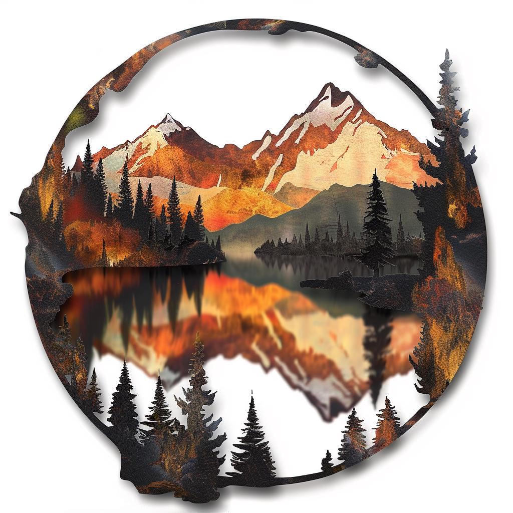 Mountain Metal Wall Art: Forest Lake Sunset Nature Landscape Steel Sign (Outdoor Decor)