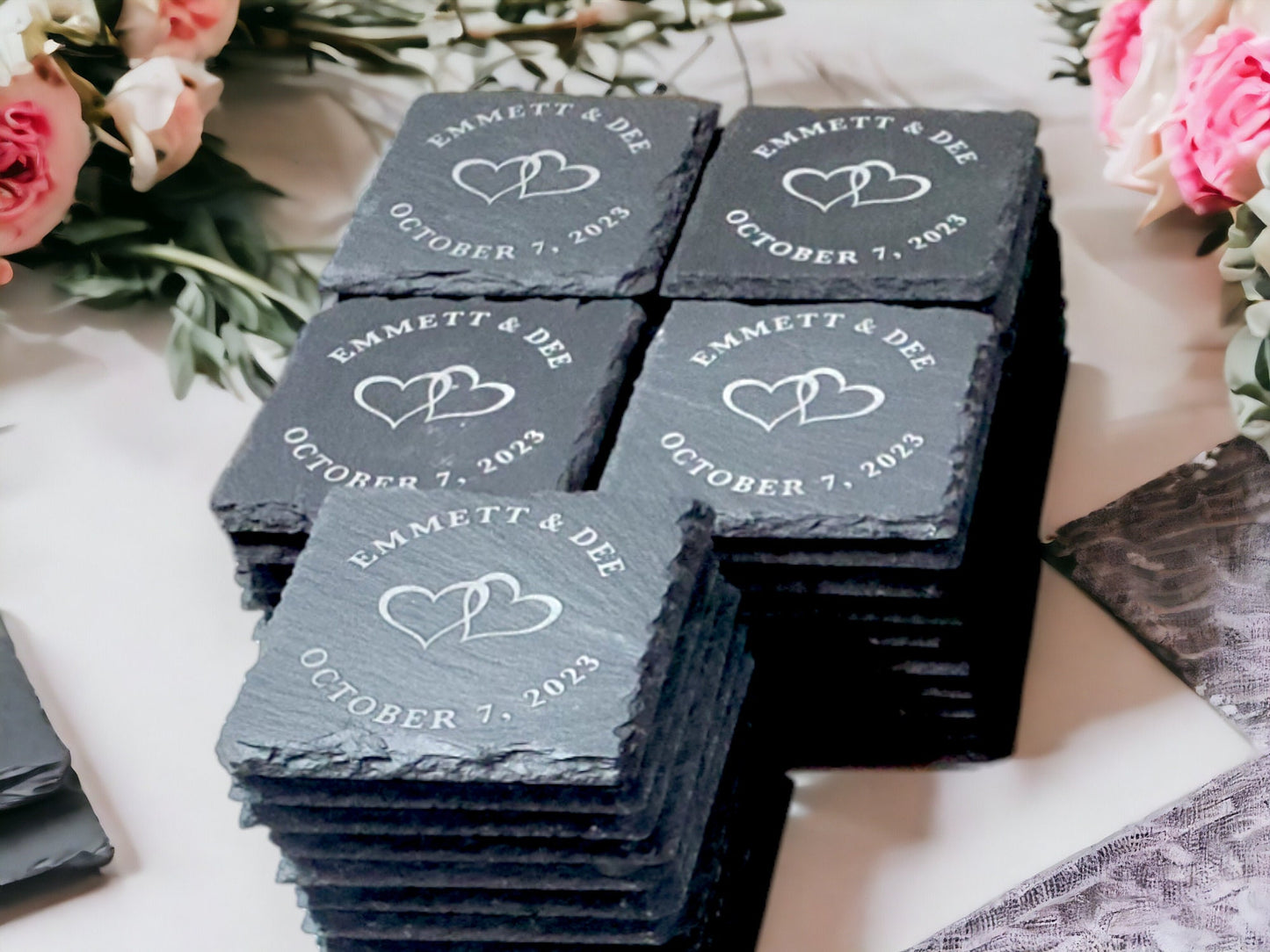 Wedding Guest Favor, Personalized Laser Engraved Slate Coasters, Bulk Wedding Favors